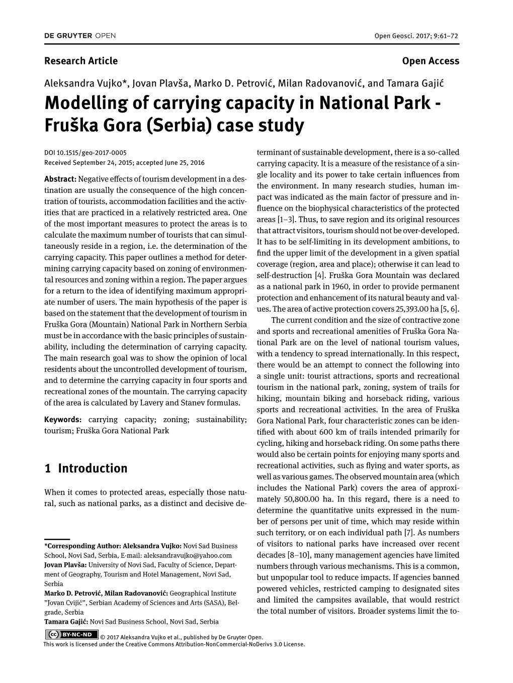 Modelling of Carrying Capacity in National Park - Fruška Gora (Serbia) Case Study
