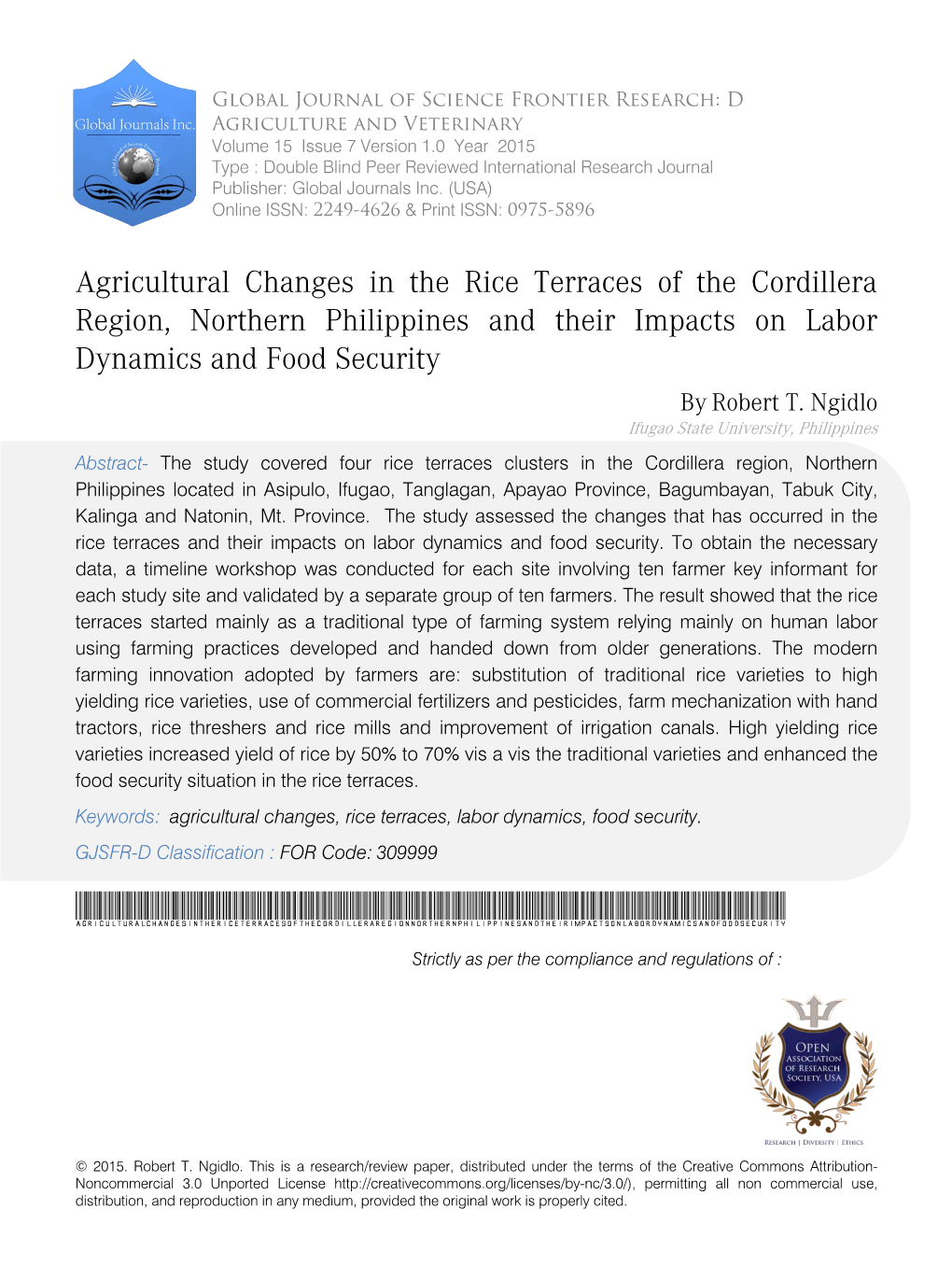 Agricultural Changes in the Rice Terraces of the Cordillera Region, Northern Philippines and Their Impacts on Labor Dynamics and Food Security by Robert T