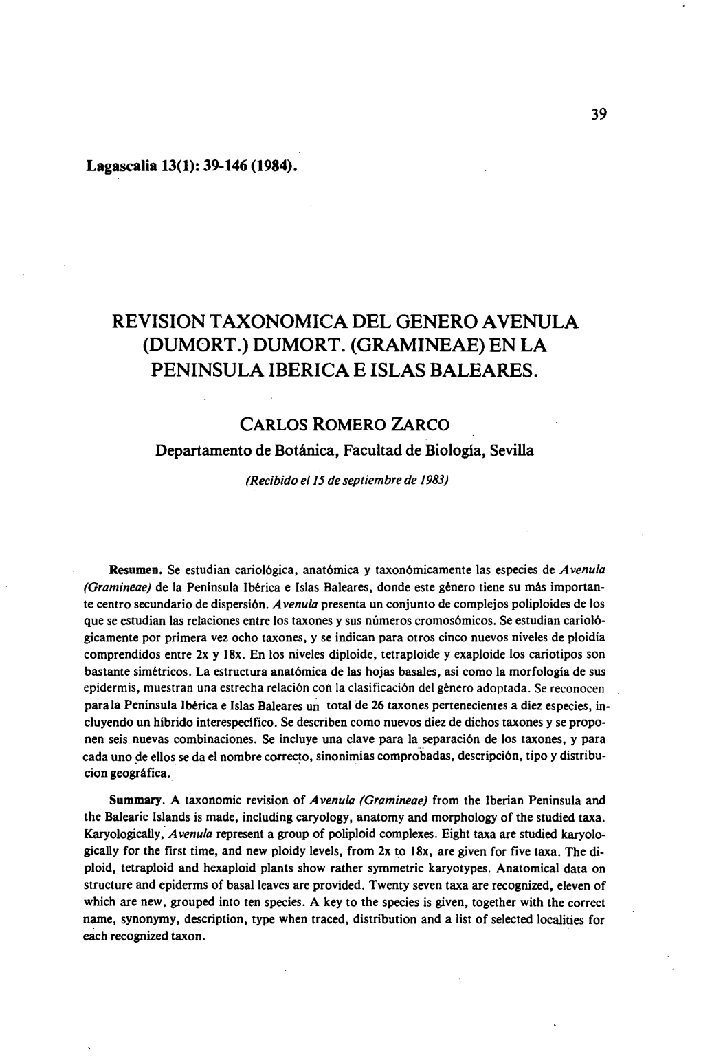 Revision Taxonomica Del Genero Avenula (Dumort.) Dumort