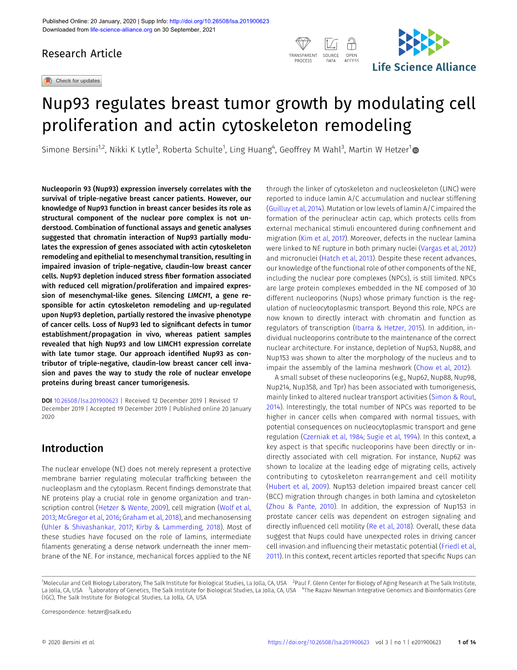 Nup93 Regulates Breast Tumor Growth by Modulating Cell Proliferation and Actin Cytoskeleton Remodeling