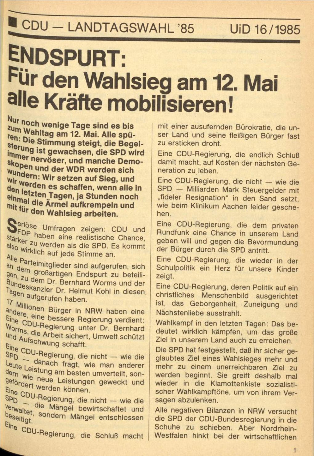 UID 1985 Nr. 16 Beilage: CDU-Landtagswahl, Union in Deutschland