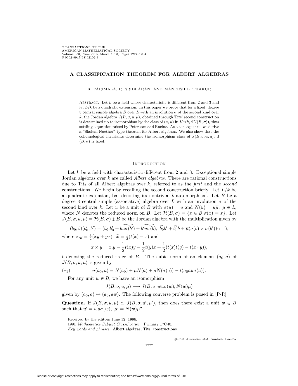 A CLASSIFICATION THEOREM for ALBERT ALGEBRAS Introduction