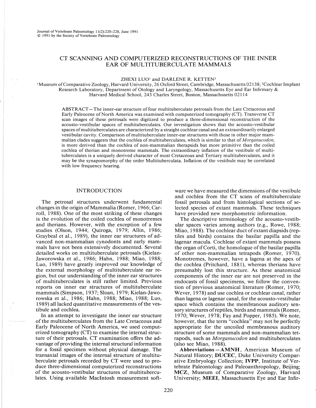 Ct Scanning and Computerized Reconstructions of the Inner Ear of Multituberculate Mammals