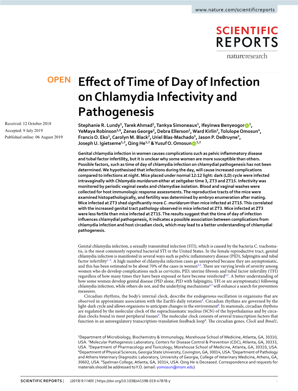 Effect of Time of Day of Infection on Chlamydia Infectivity And