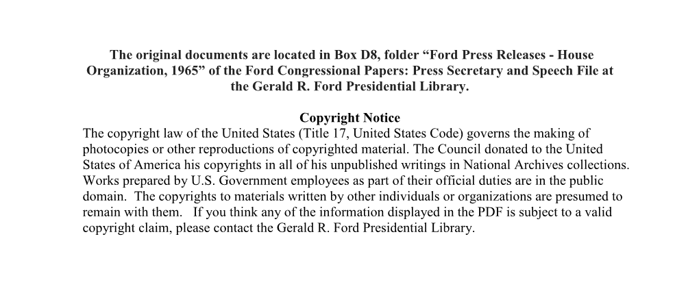 House Organization, 1965” of the Ford Congressional Papers: Press Secretary and Speech File at the Gerald R