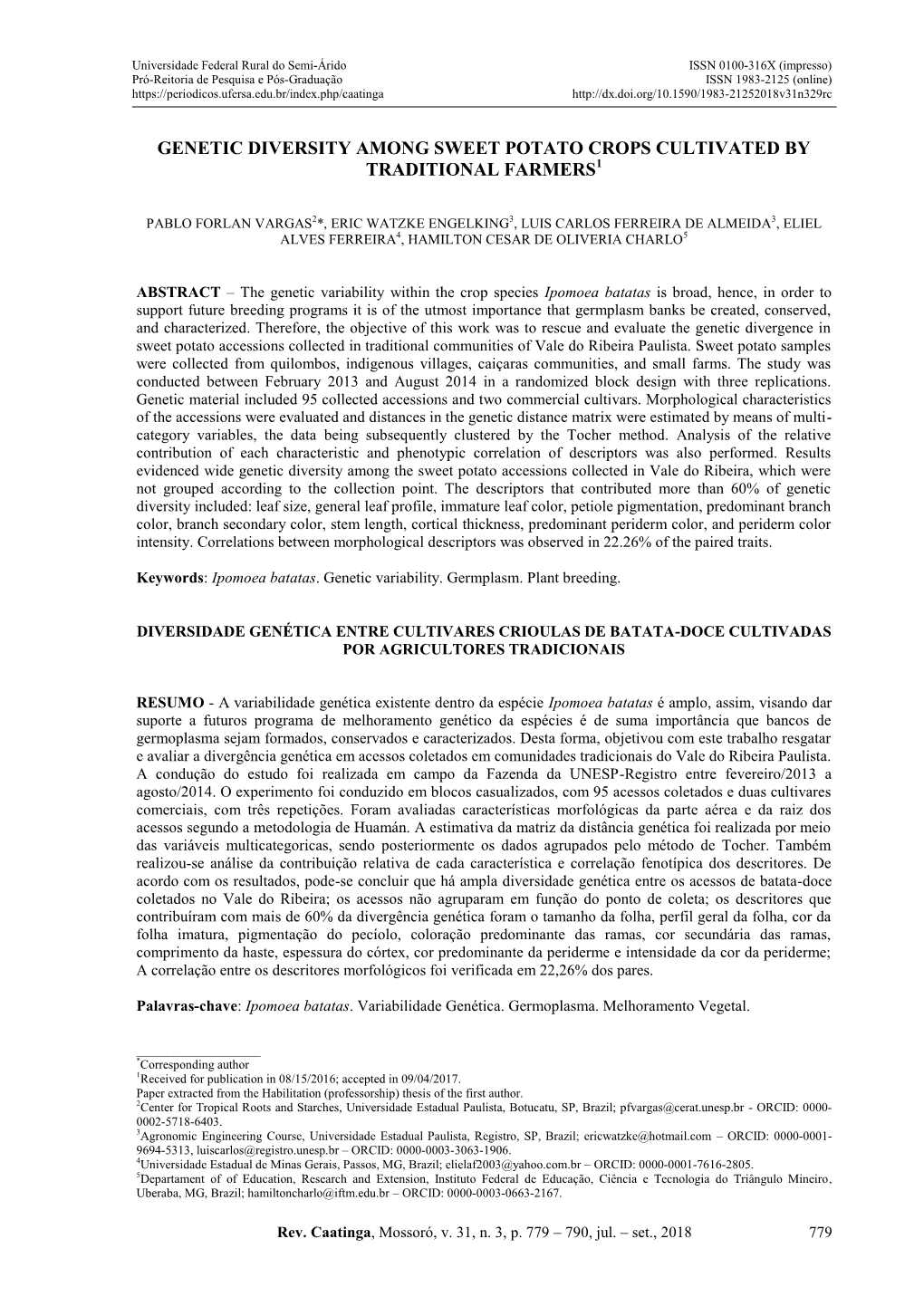 Genetic Diversity Among Sweet Potato Crops Cultivated by Traditional Farmers1