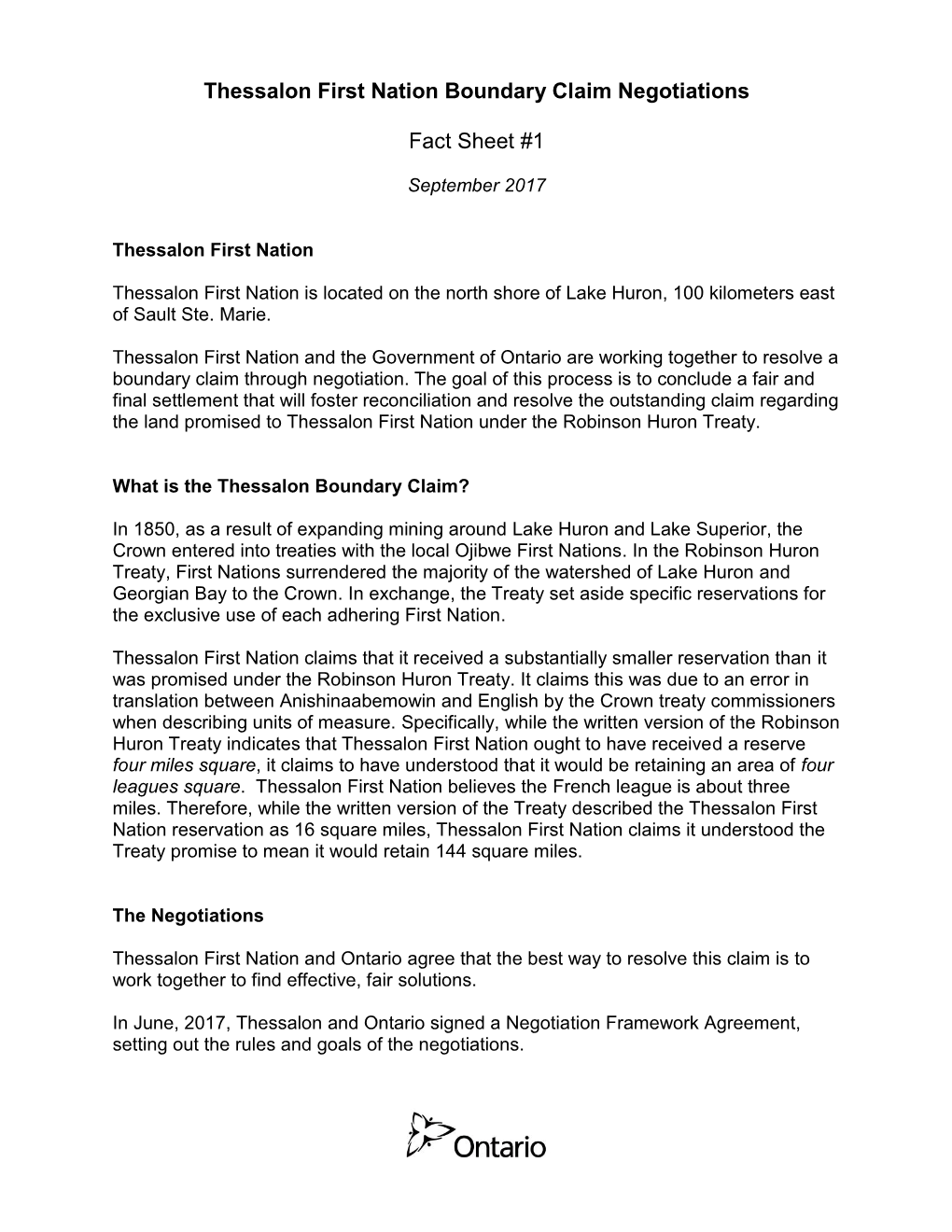 Thessalon First Nation Boundary Claim Negotiations