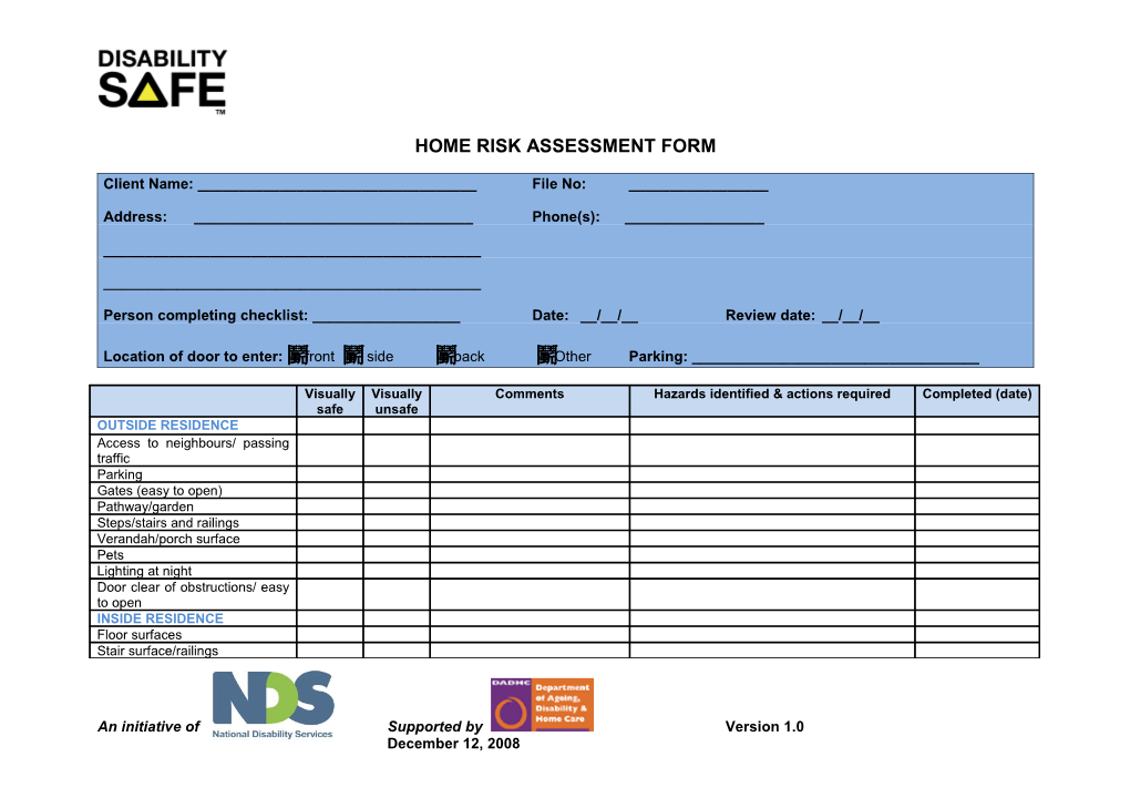 Home Risk Assessment Form