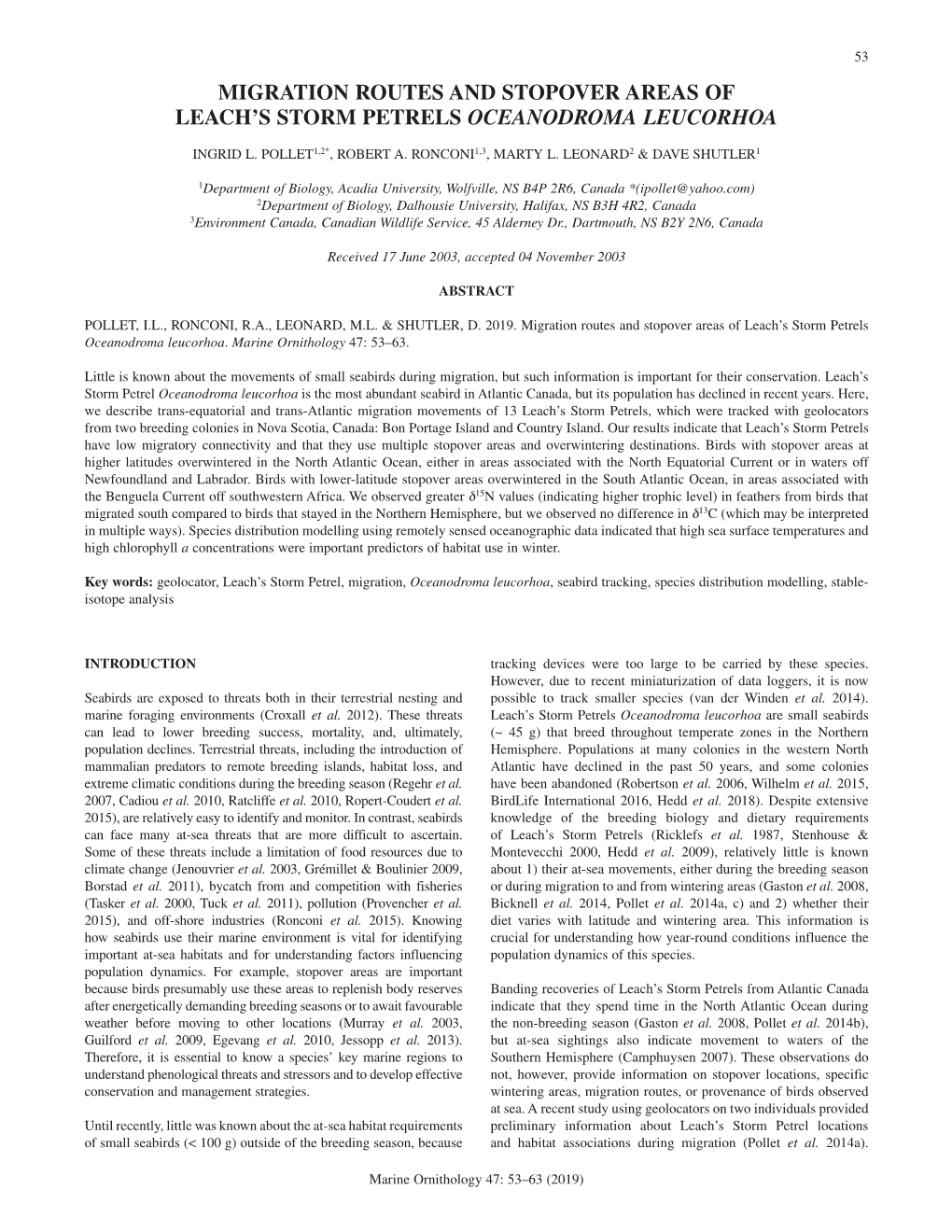 Migration Routes and Stopover Areas of Leach's Storm Petrels Oceanodroma Leucorhoa