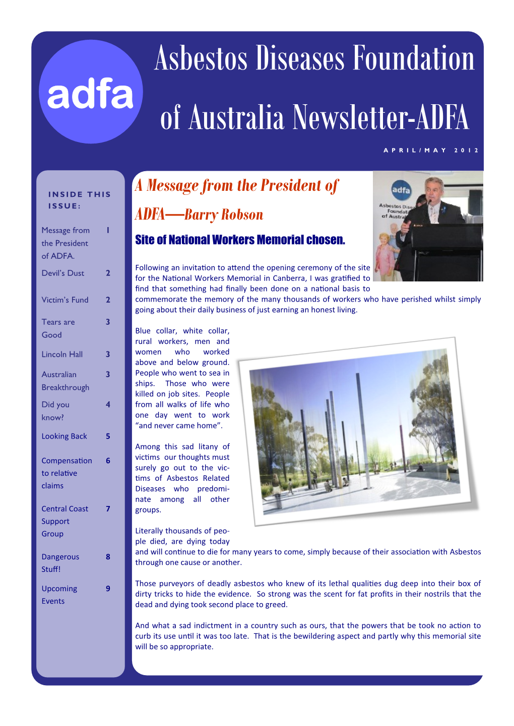 Asbestos Diseases Foundation of Australia Newsletter-ADFA