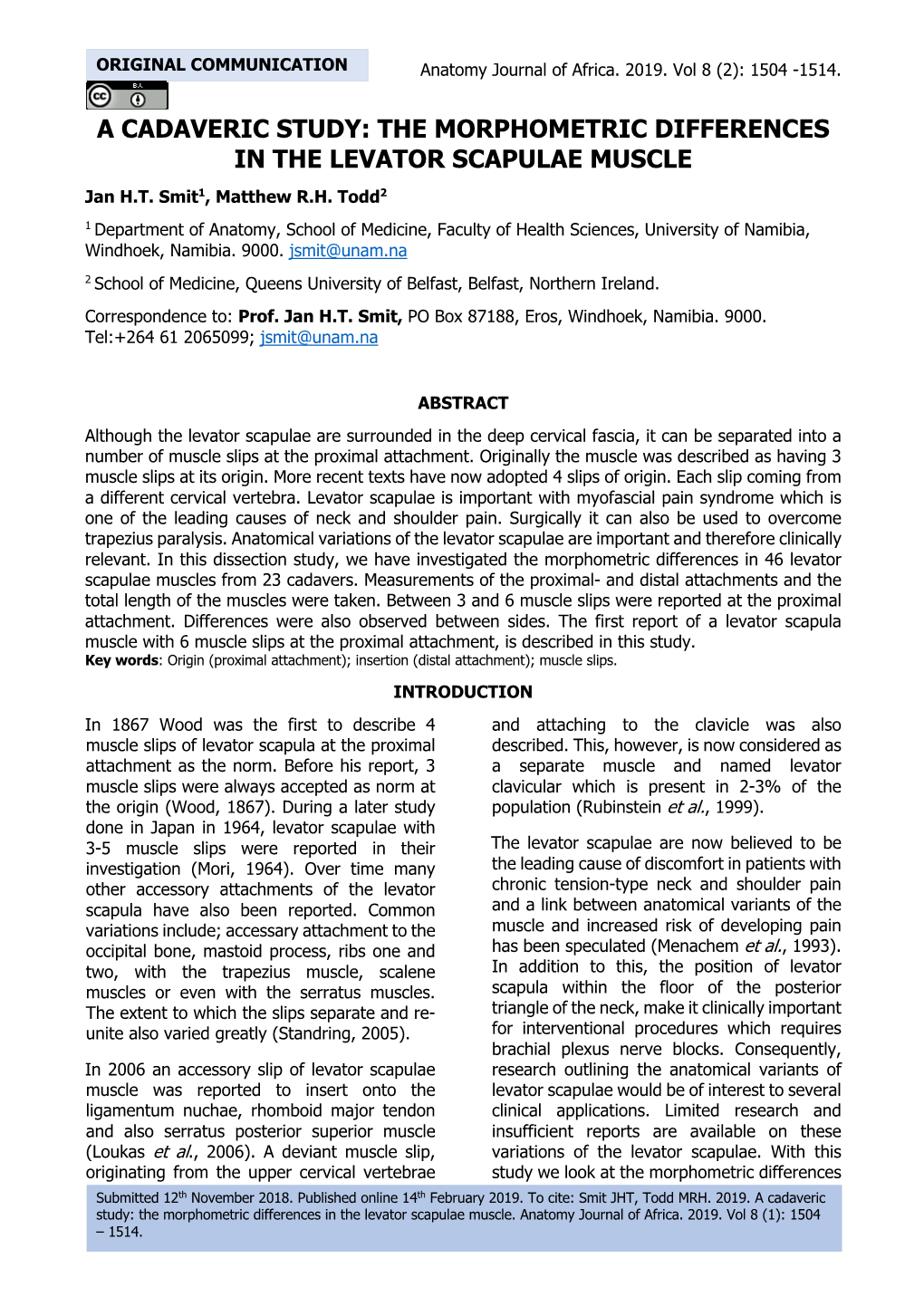 THE MORPHOMETRIC DIFFERENCES in the LEVATOR SCAPULAE MUSCLE Jan H.T