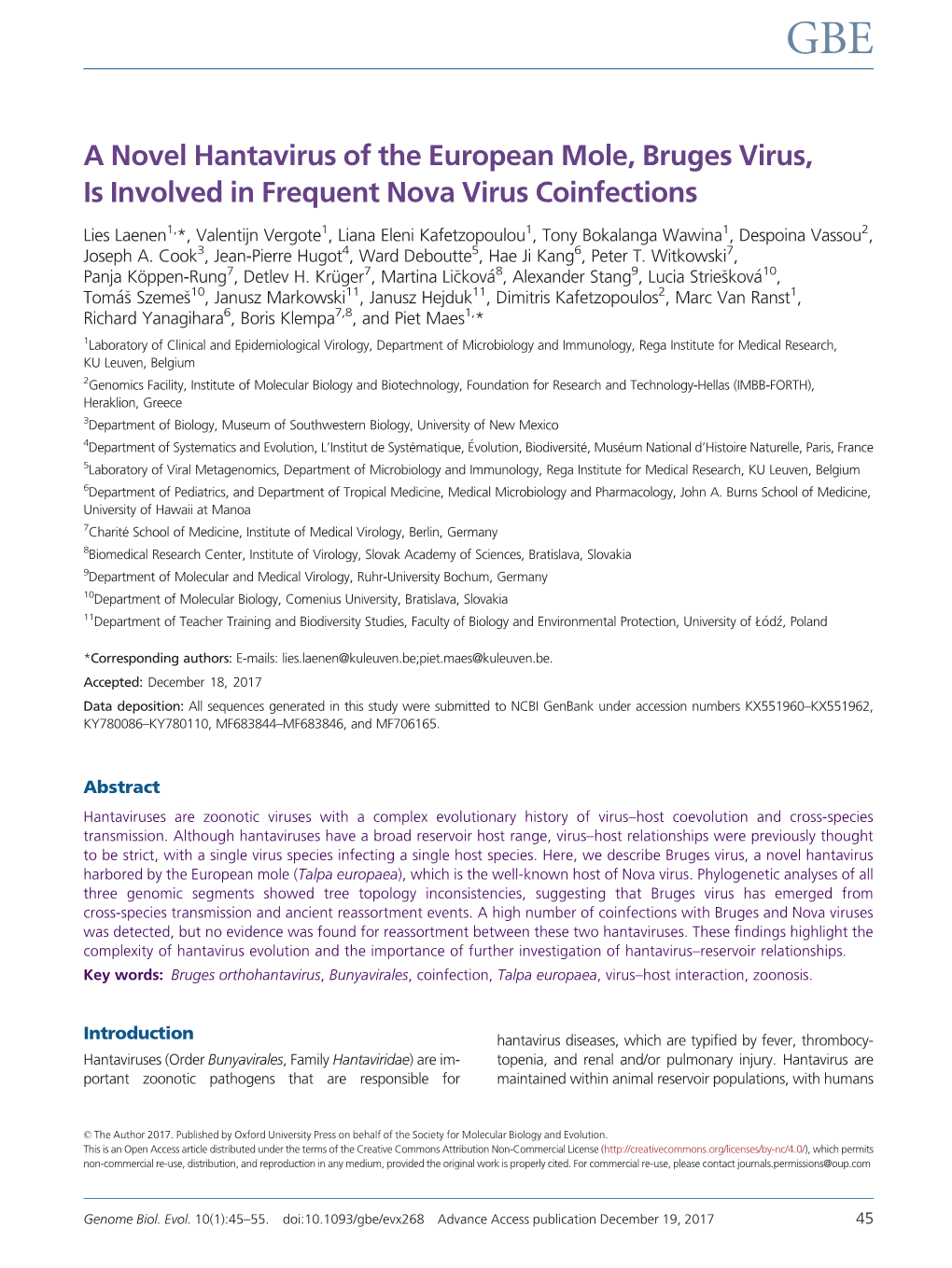 A Novel Hantavirus of the European Mole, Bruges Virus, Is Involved in Frequent Nova Virus Coinfections