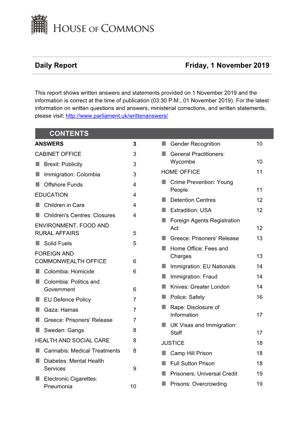 Daily Report Friday, 1 November 2019 CONTENTS