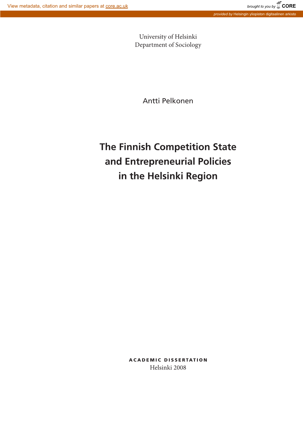 The Finnish Competition State and Entrepreneurial Policies in the Helsinki Region
