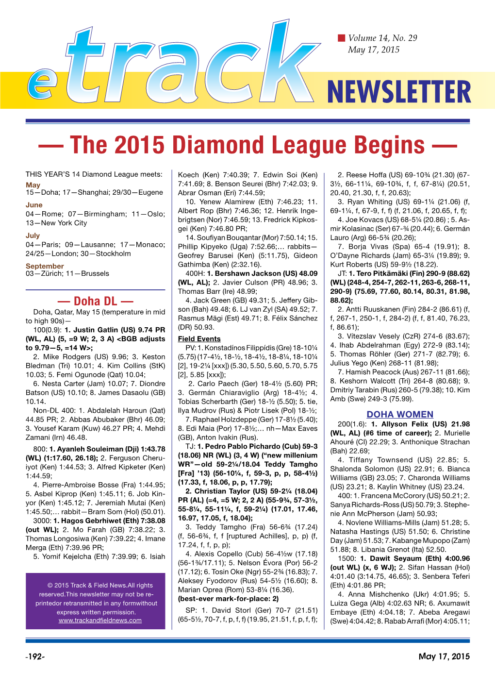 — the 2015 Diamond League Begins —