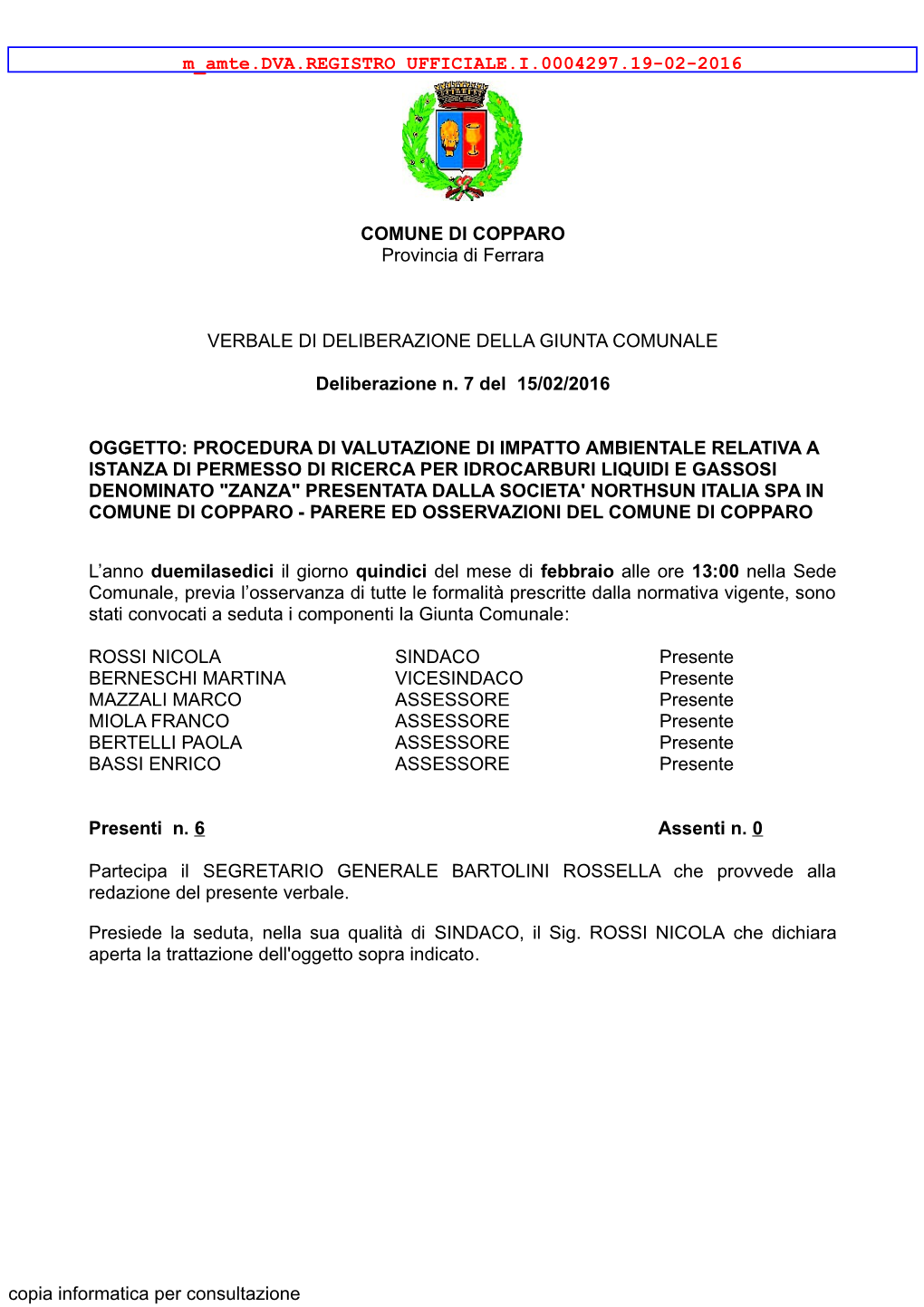 COMUNE DI COPPARO Provincia Di Ferrara VERBALE