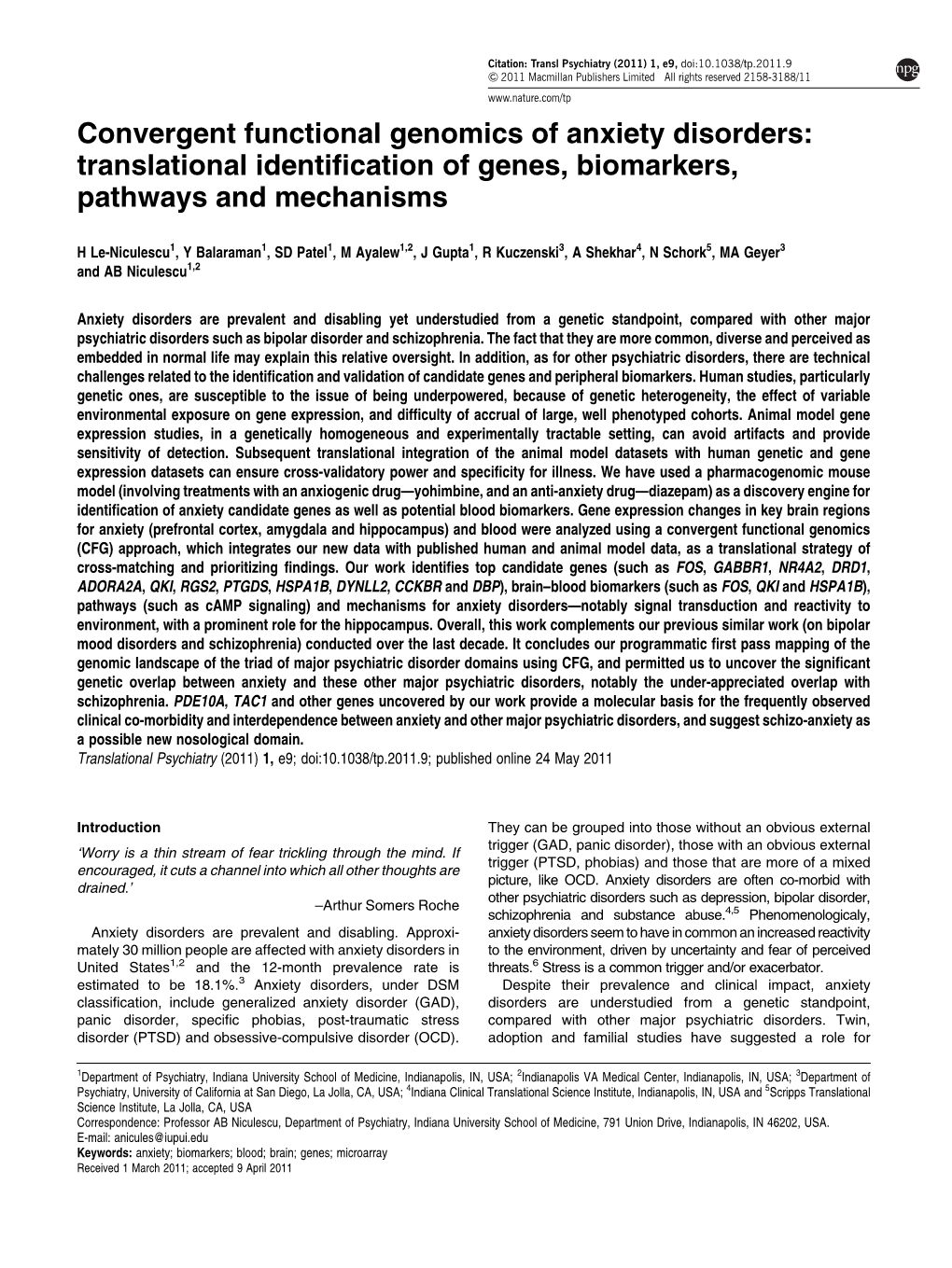 Convergent Functional Genomics of Anxiety Disorders: Translational Identiﬁcation of Genes, Biomarkers, Pathways and Mechanisms