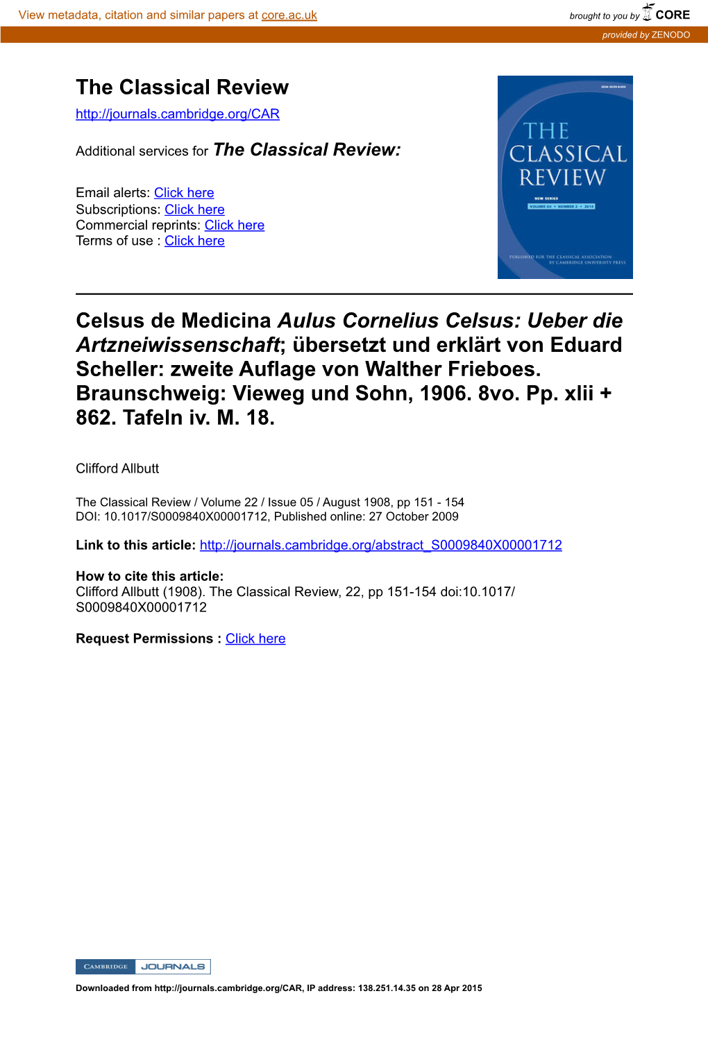 Celsus De Medicina Aulus Cornelius Celsus: Ueber Die Artzneiwissenschaft; Übersetzt Und Erklärt Von Eduard Scheller: Zweite Auage Von Walther Frieboes