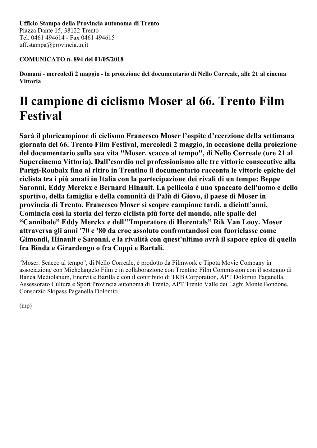 Il Campione Di Ciclismo Moser Al 66. Trento Film Festival