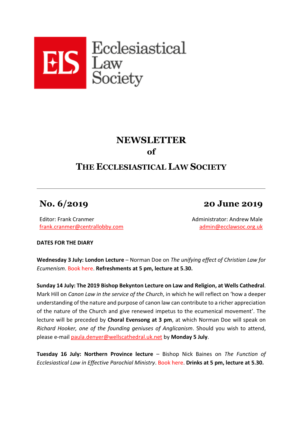 NEWSLETTER of the ECCLESIASTICAL LAW SOCIETY