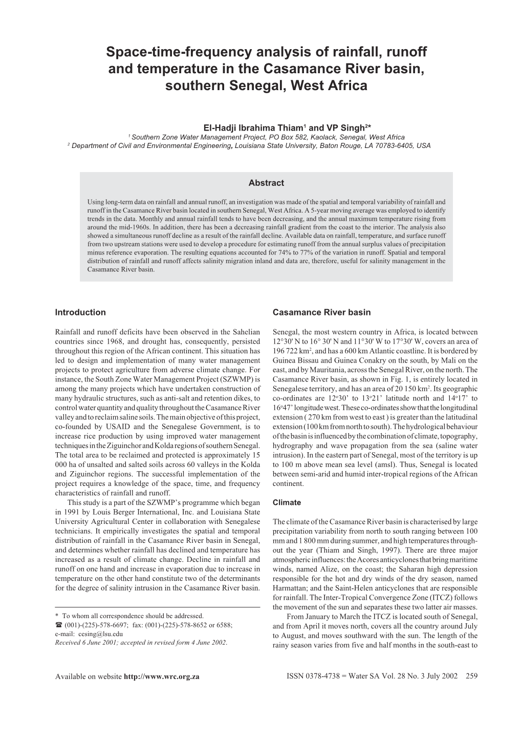 Space-Time-Frequency Analysis of Rainfall, Runoff and Temperature in the Casamance River Basin, Southern Senegal, West Africa