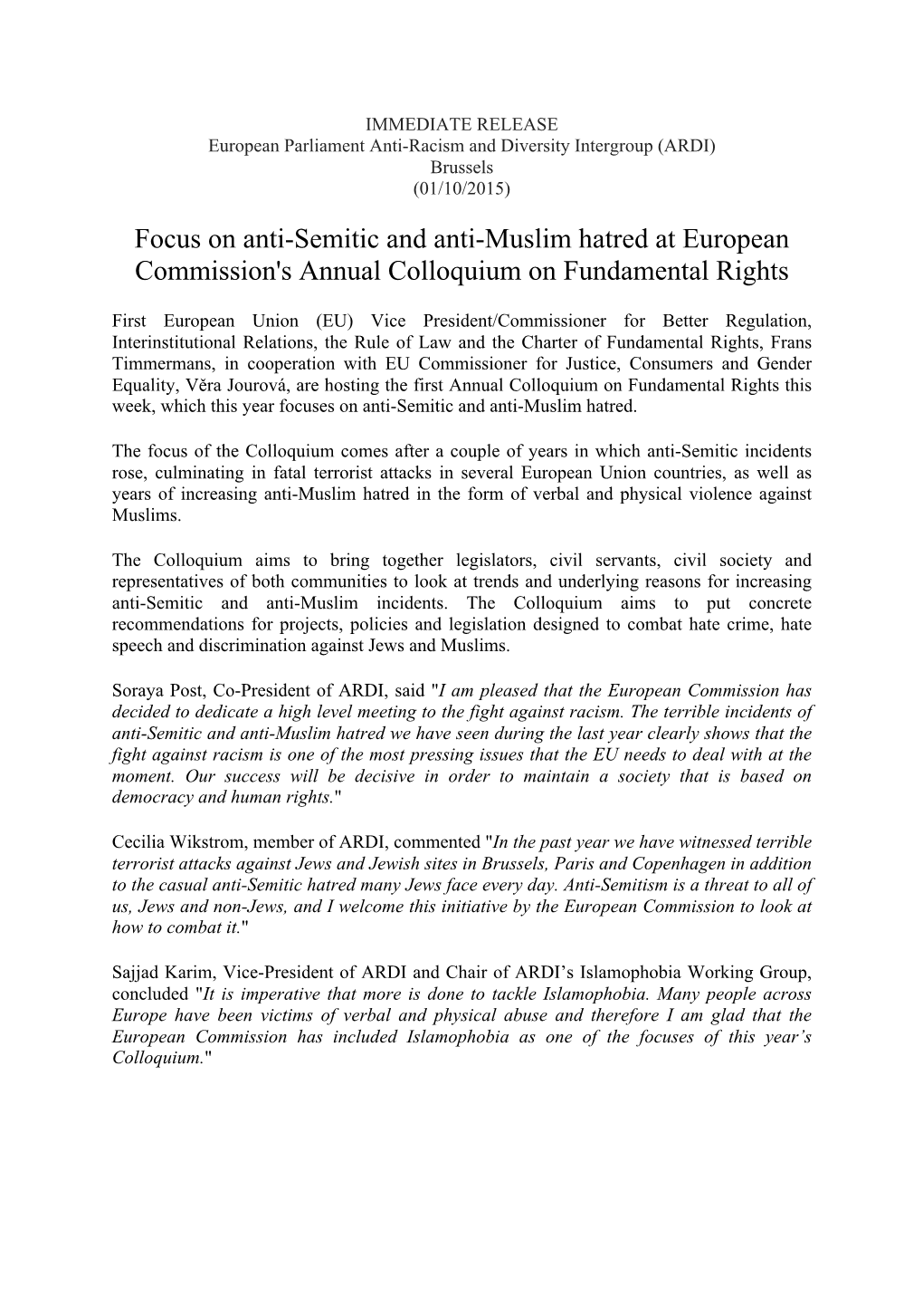 Focus on Anti-Semitic and Anti-Muslim Hatred at European Commission's Annual Colloquium on Fundamental Rights