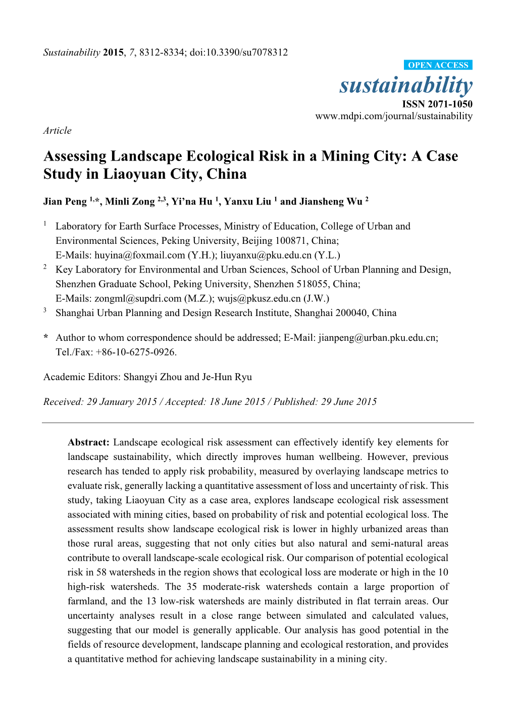 Assessing Landscape Ecological Risk in a Mining City: a Case Study in Liaoyuan City, China