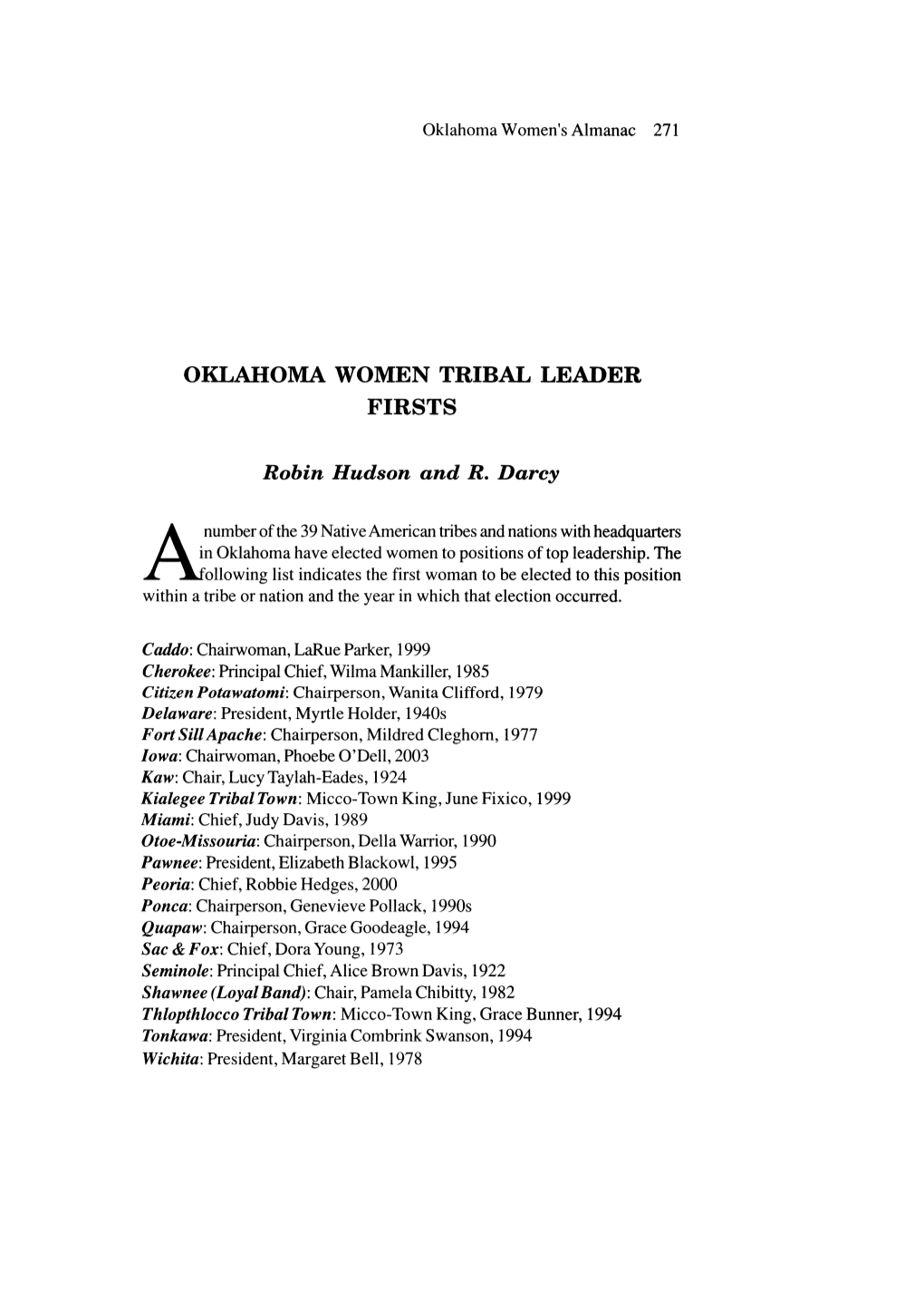 Oklahoma Women Tribal Leader Firsts