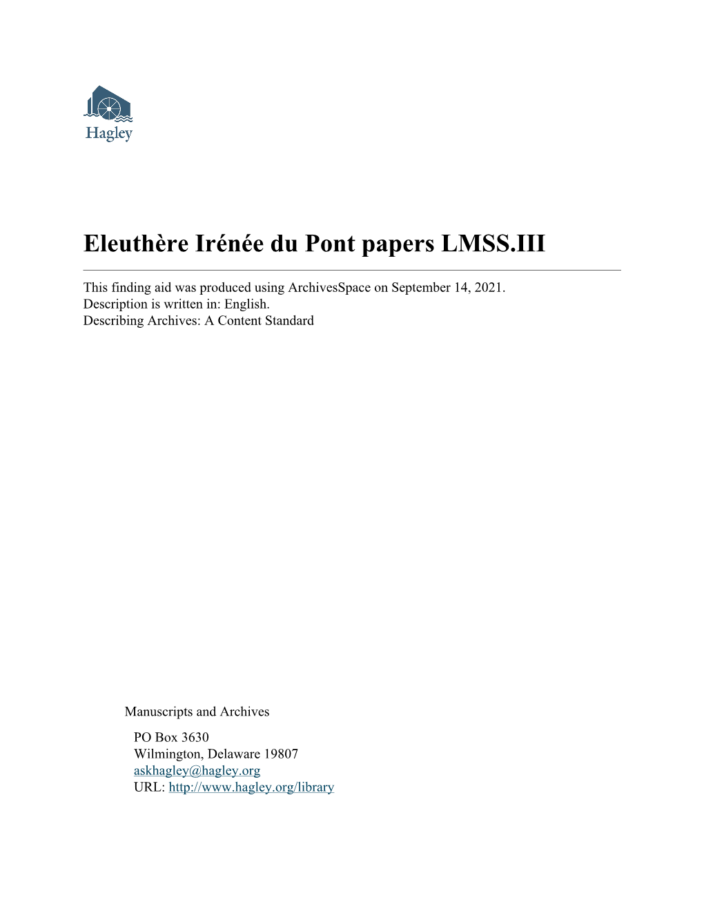 Eleuthère Irénée Du Pont Papers LMSS.III