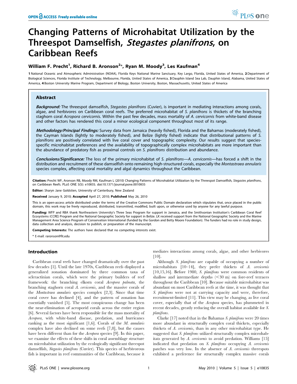 Changing Patterns of Microhabitat Utilization by the Threespot Damselfish, Stegastes Planifrons,On Caribbean Reefs