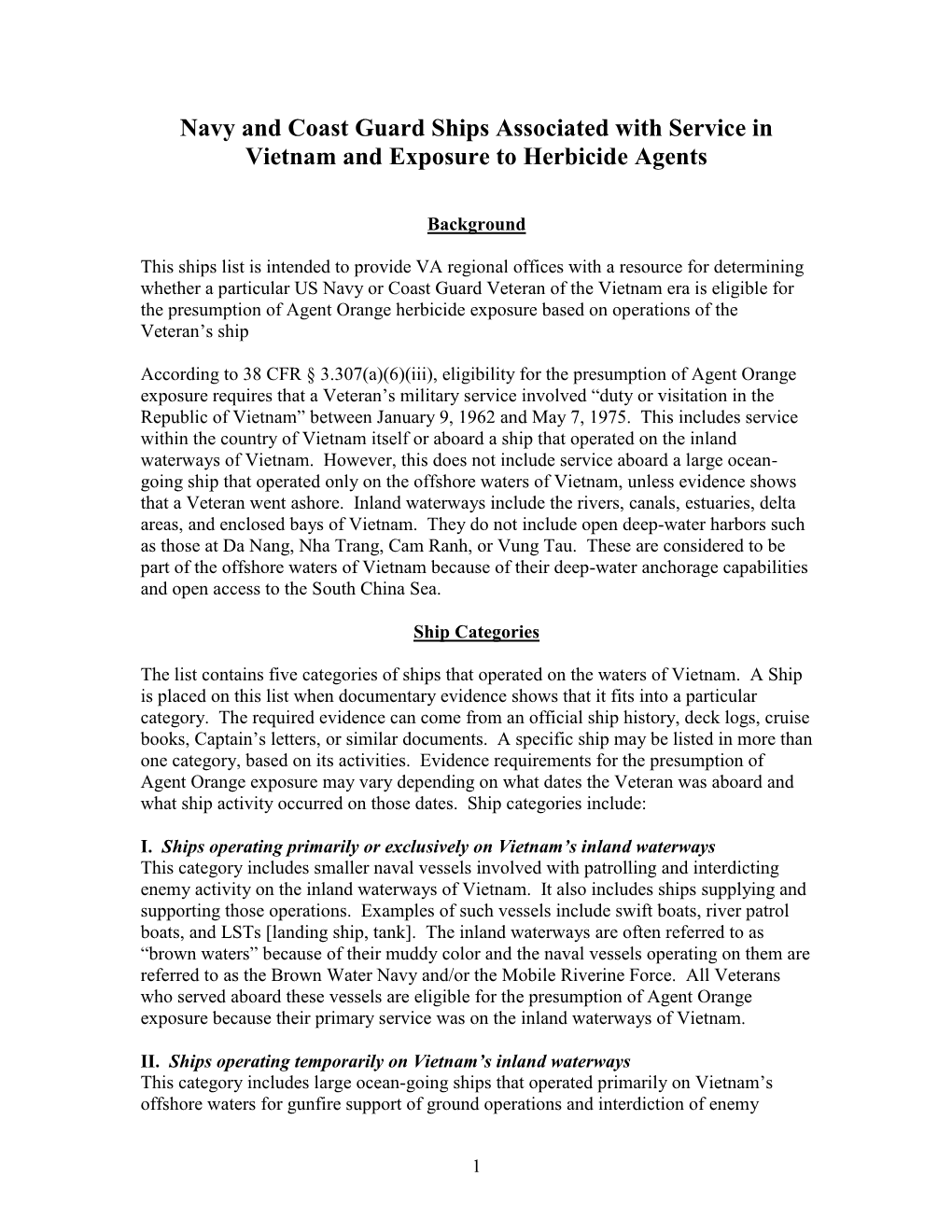 Navy and Coast Guard Ships Associated with Service in Vietnam and Exposure to Herbicide Agents