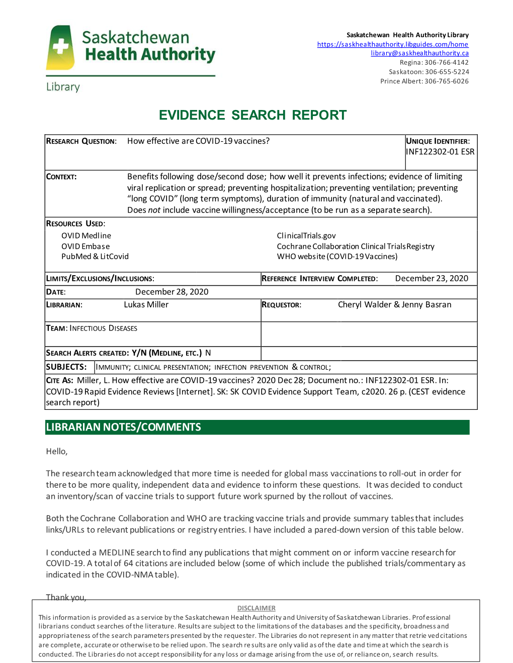 Evidence Search Report