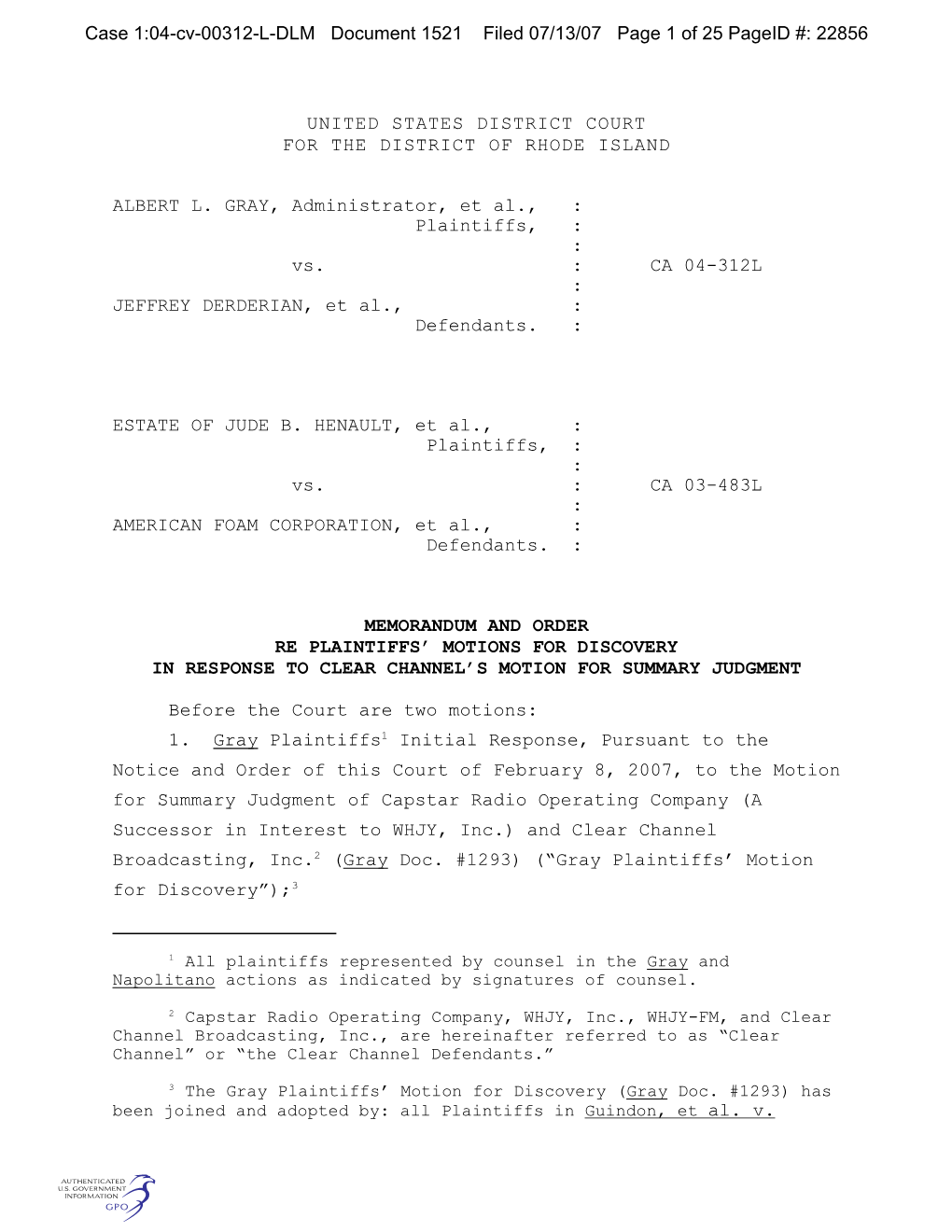 UNITED STATES DISTRICT COURT for the DISTRICT of RHODE ISLAND ALBERT L. GRAY, Administrator, Et