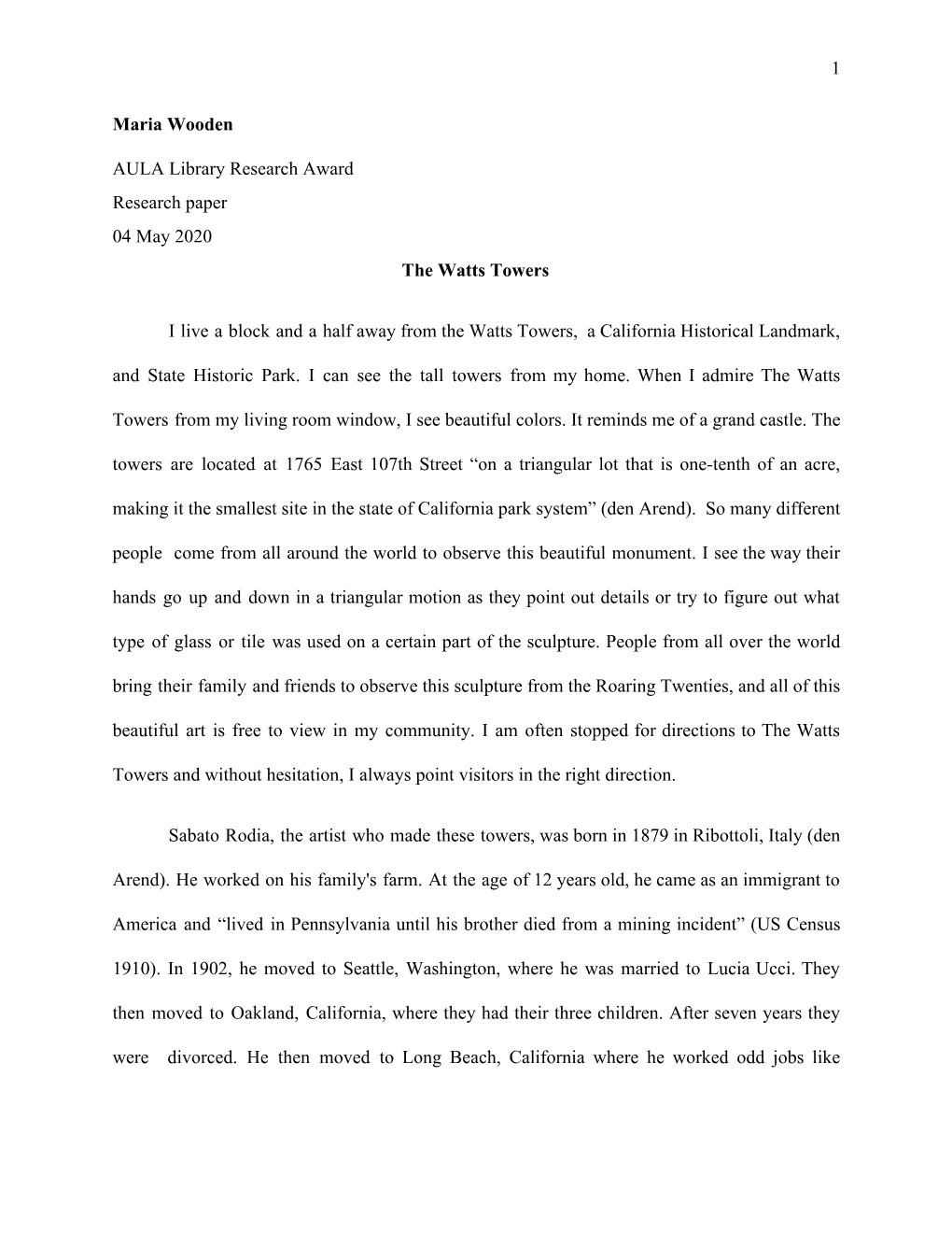 1 Maria Wooden AULA Library Research Award Research Paper