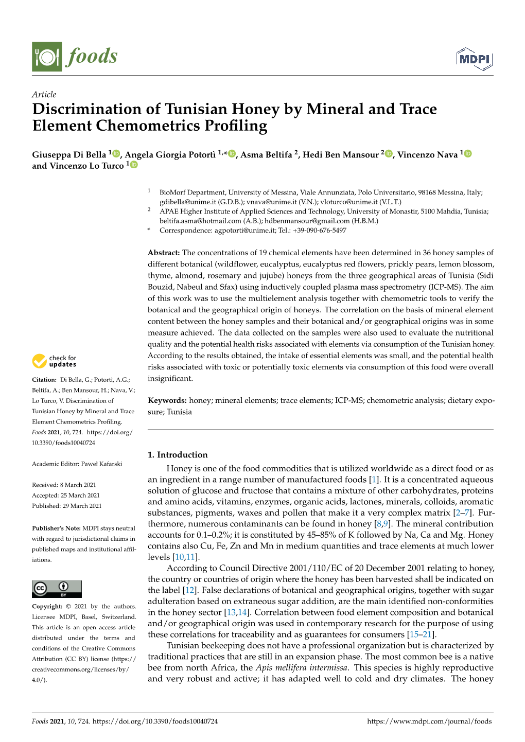 Discrimination of Tunisian Honey by Mineral and Trace Element Chemometrics Proﬁling