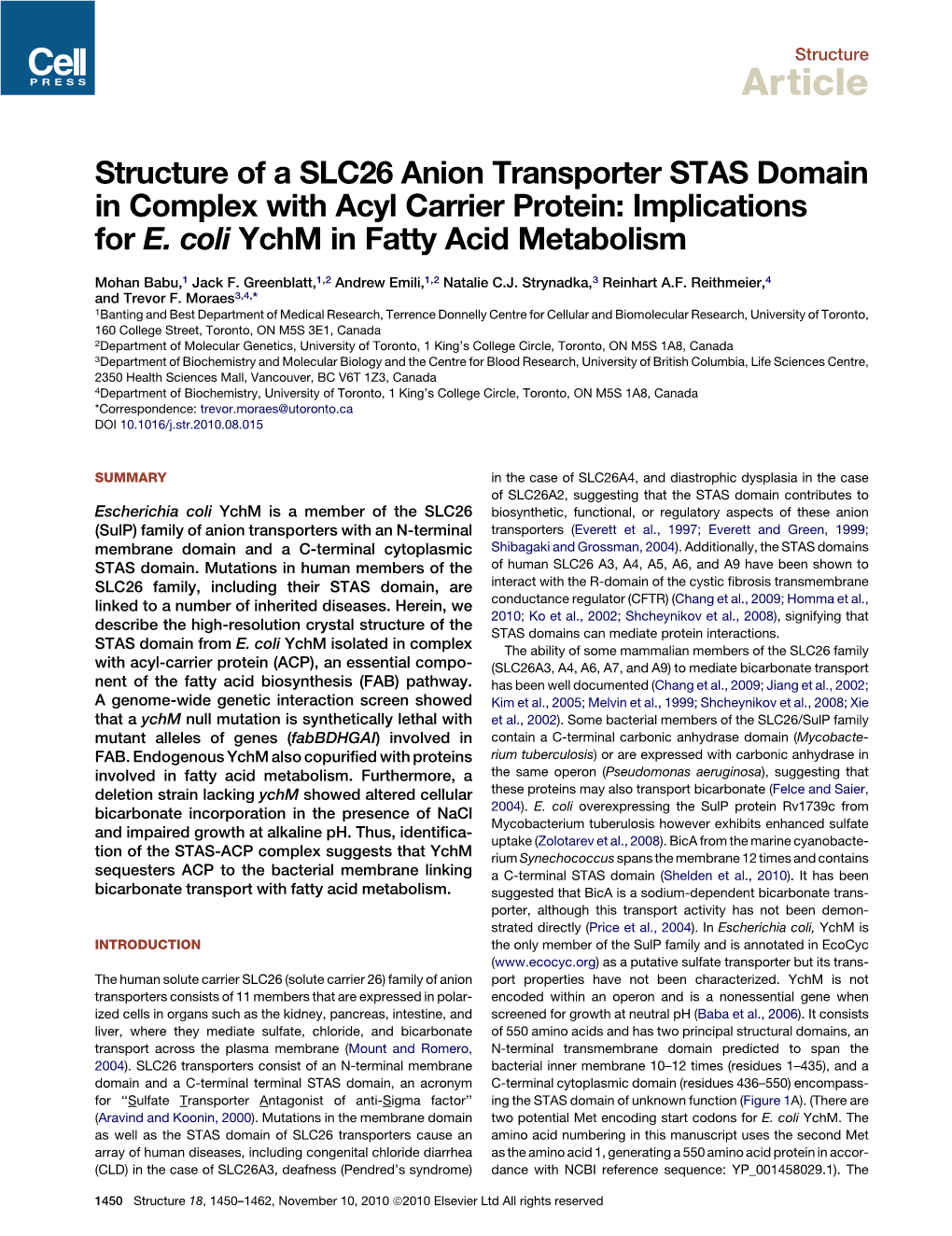 Structure of a SLC26 Anion Transporter STAS Domain in Complex with Acyl Carrier Protein: Implications for E