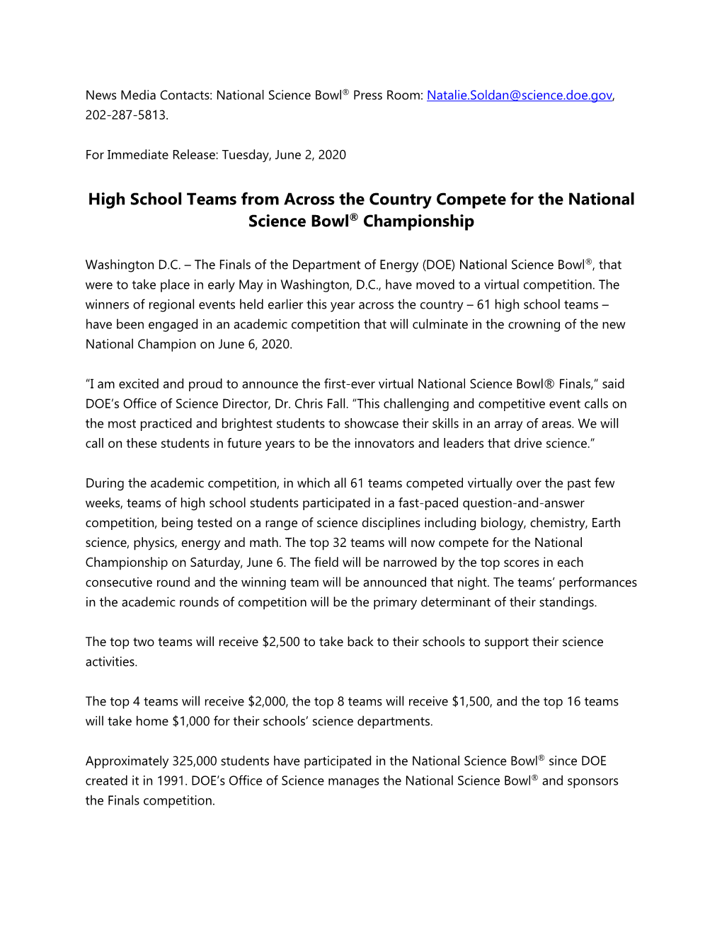 High School Teams from Across the Country Compete for the National Science Bowl® Championship