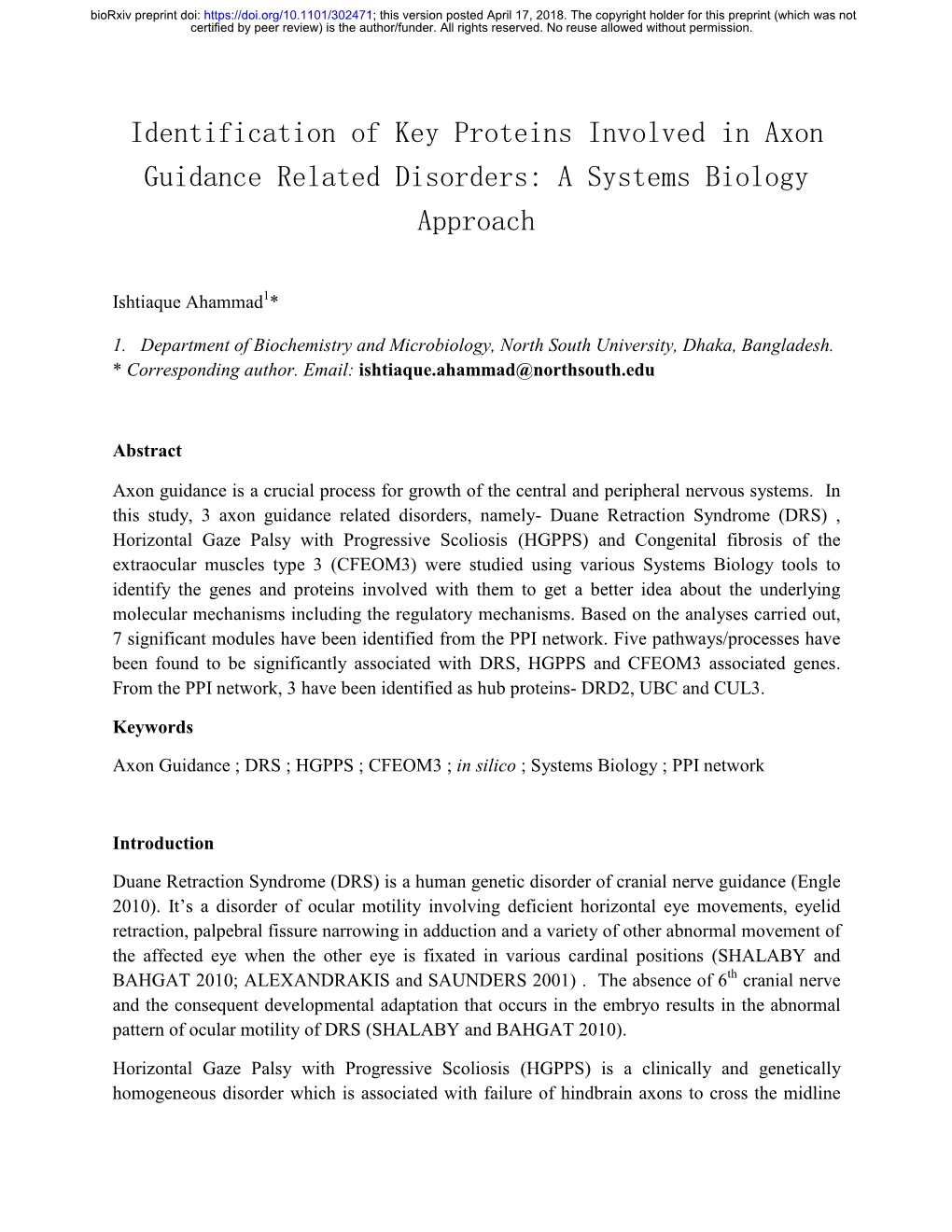 Identification of Key Proteins Involved in Axon Guidance Related Disorders: a Systems Biology Approach