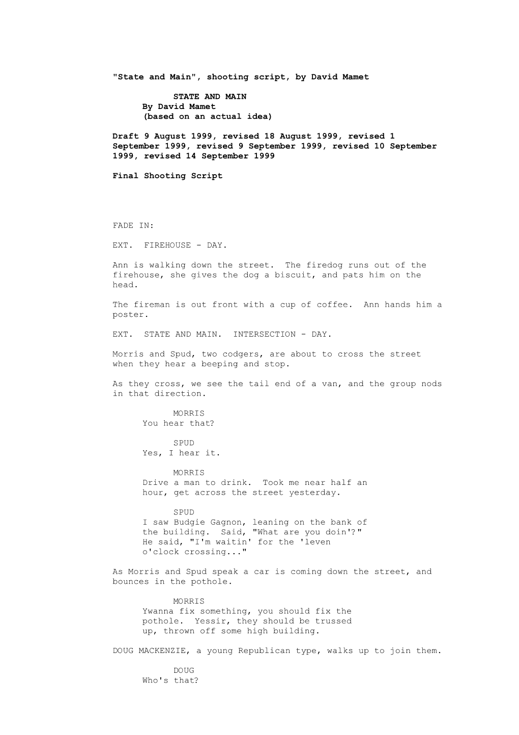 State and Main", Shooting Script, by David Mamet
