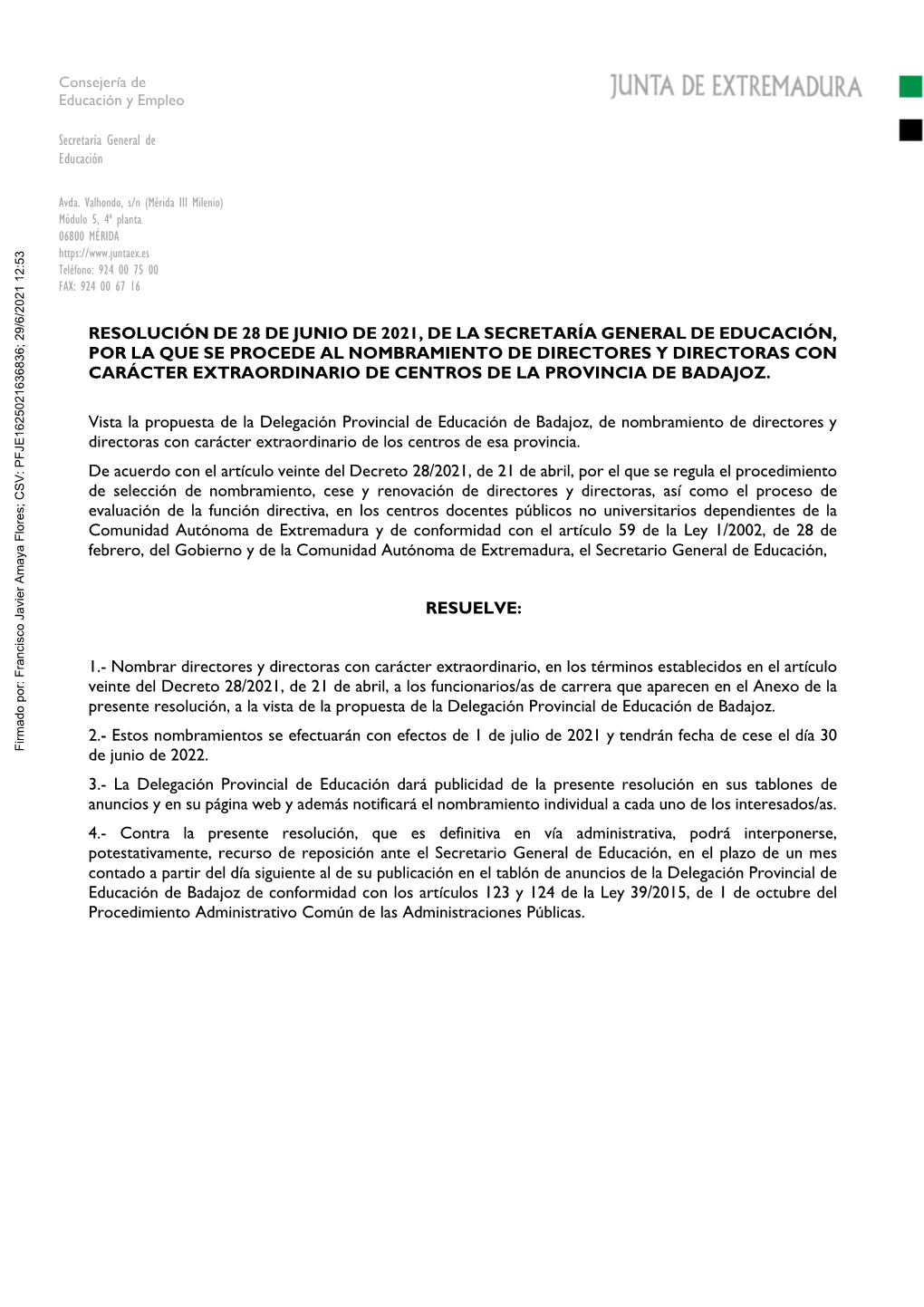 Resolución De 28 De Junio De 2021, De La Secretaría