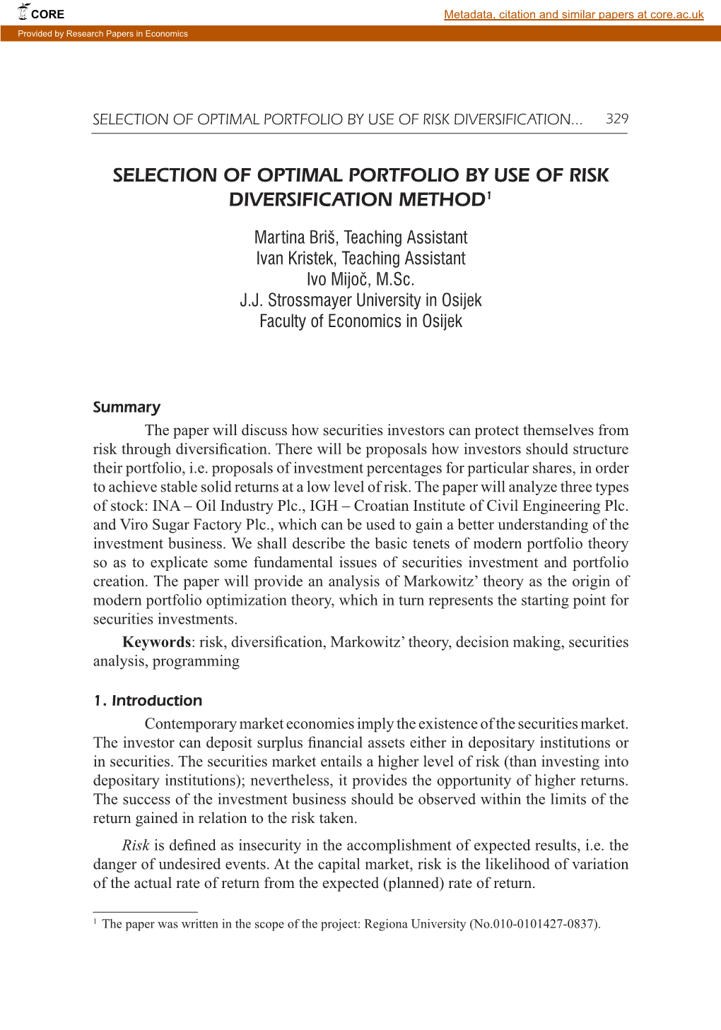 Selection of Optimal Portfolio by Use of Risk Diversification