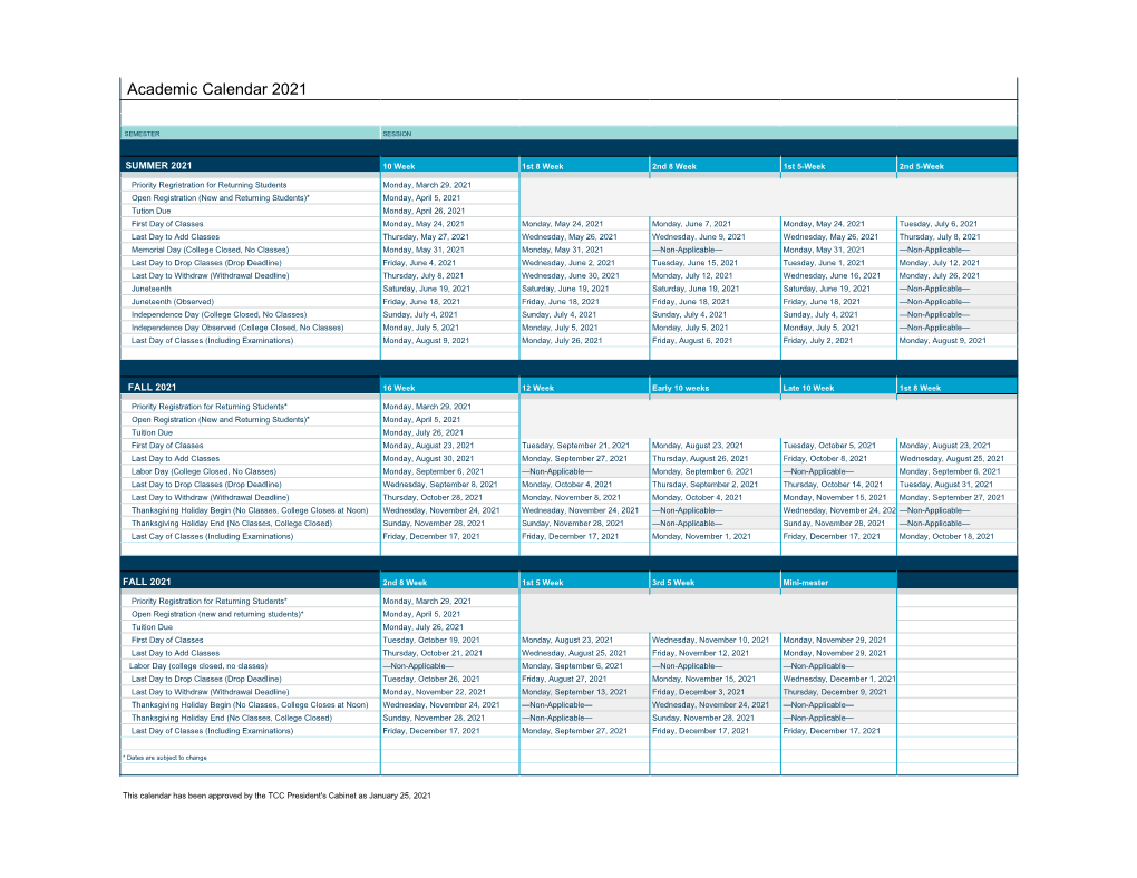 Academic Calendar 2021