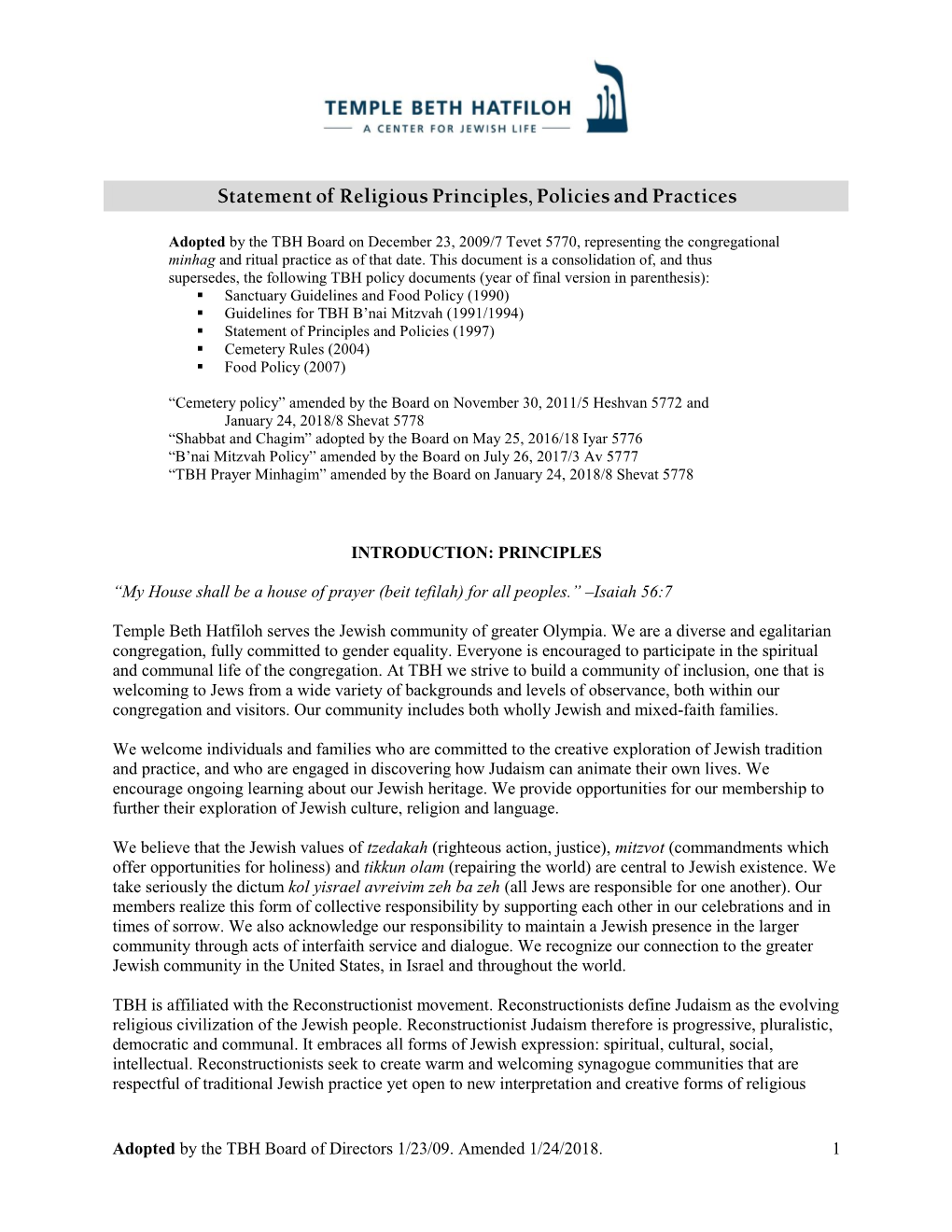 Statement of Religious Principles, Policies and Practices
