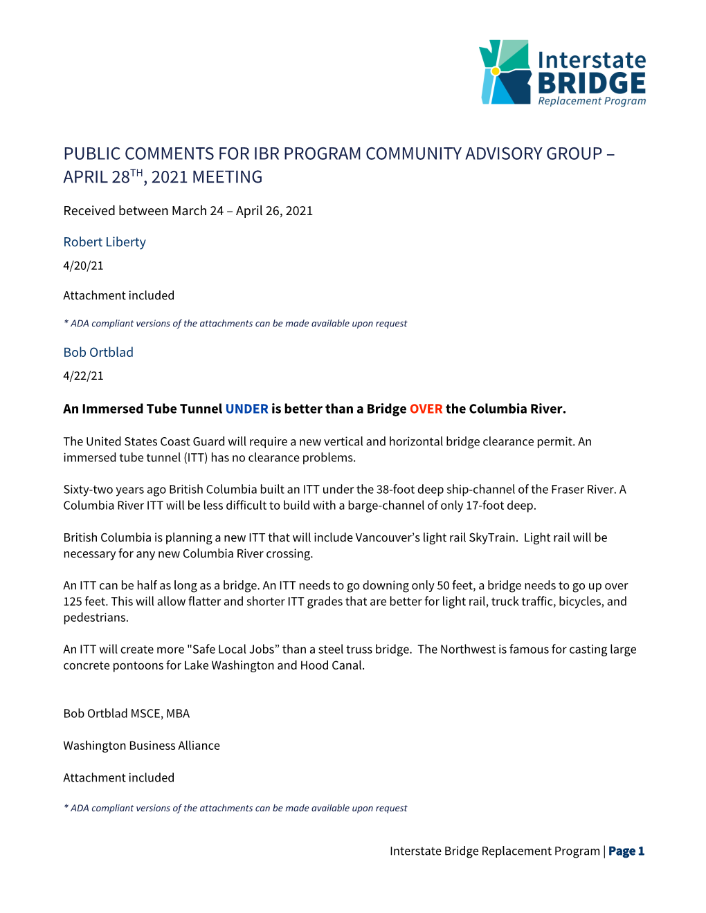 Public Comments for Ibr Program Community Advisory Group – April 28Th, 2021 Meeting