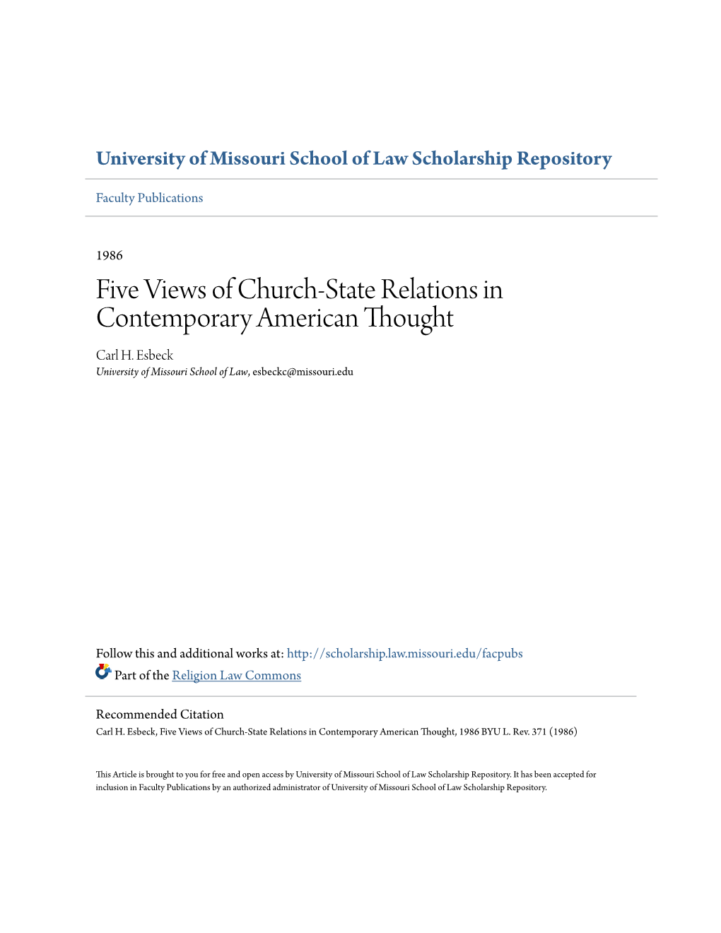 Five Views of Church-State Relations in Contemporary American Thought Carl H