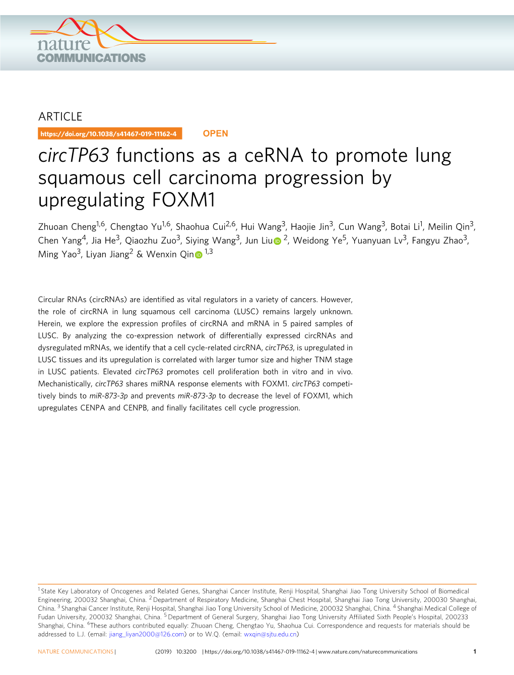 Circtp63 Functions As a Cerna to Promote Lung Squamous Cell Carcinoma Progression by Upregulating FOXM1