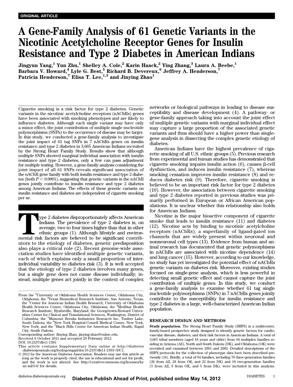 A Gene-Family Analysis of 61 Genetic Variants in the Nicotinic Acetylcholine Receptor Genes for Insulin Resistance and Type 2 Diabetes in American Indians