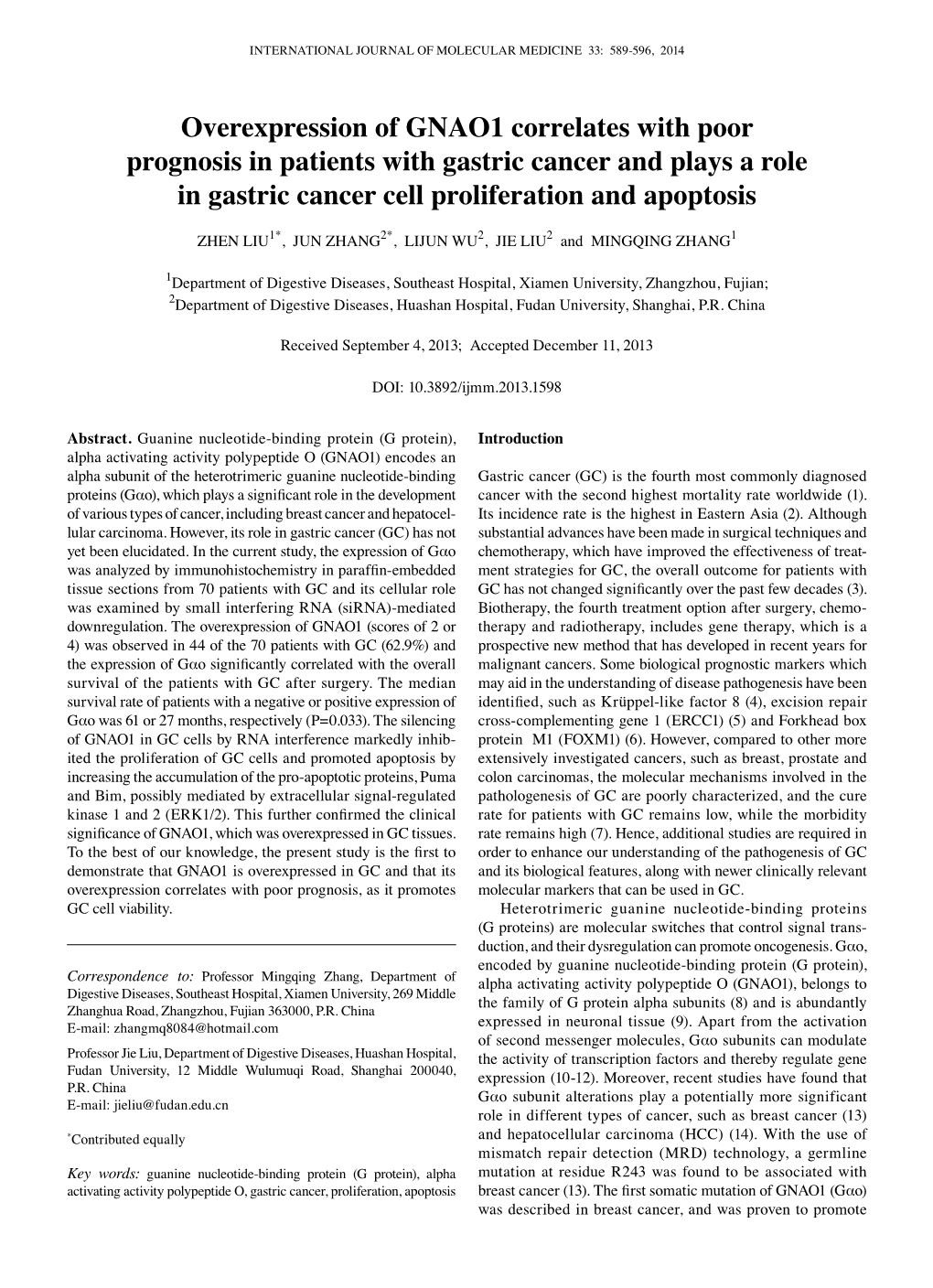 Overexpression of GNAO1 Correlates with Poor Prognosis in Patients with Gastric Cancer and Plays a Role in Gastric Cancer Cell Proliferation and Apoptosis