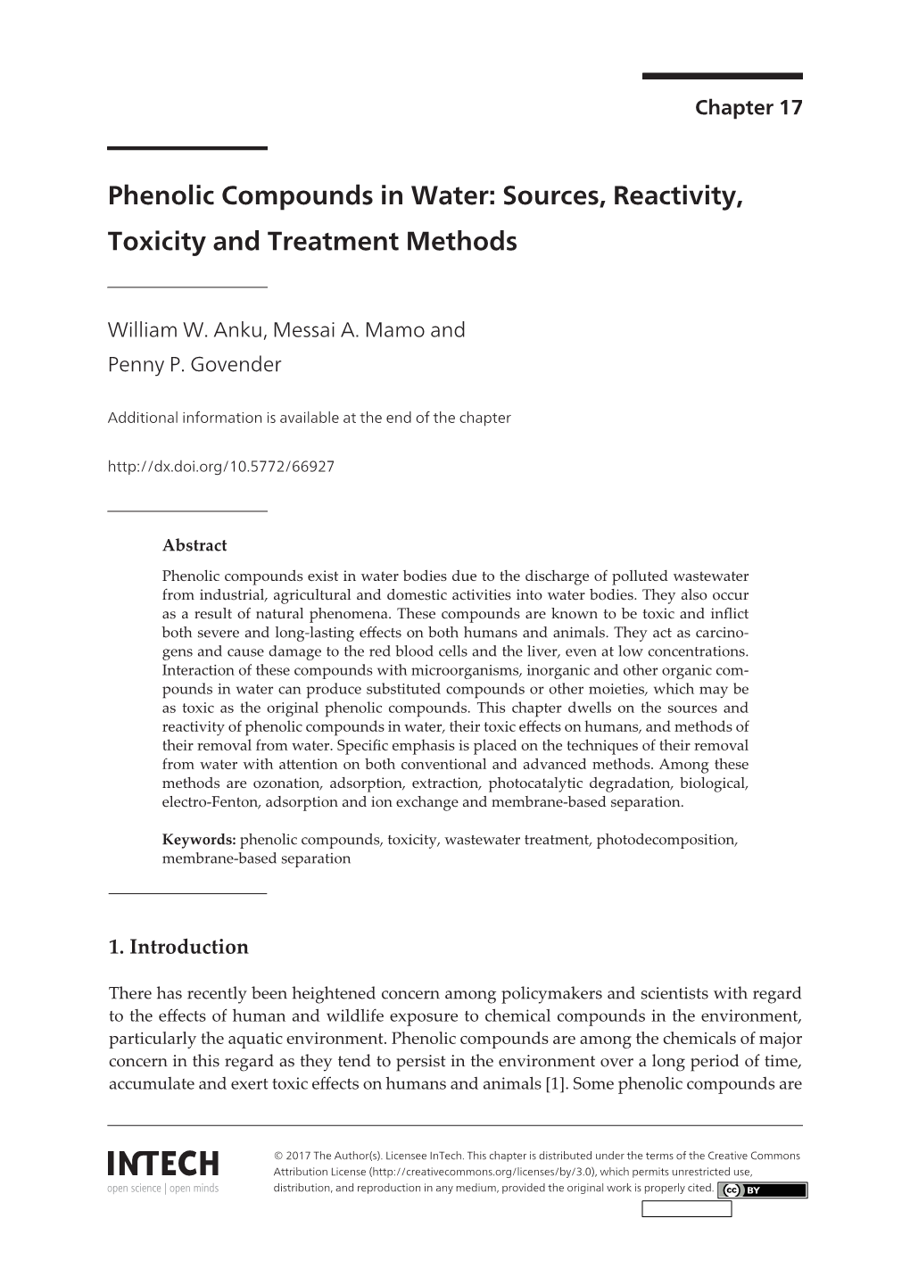 Phenolic Compounds in Water: Sources, Reactivity, Toxicity and Treatment Methods