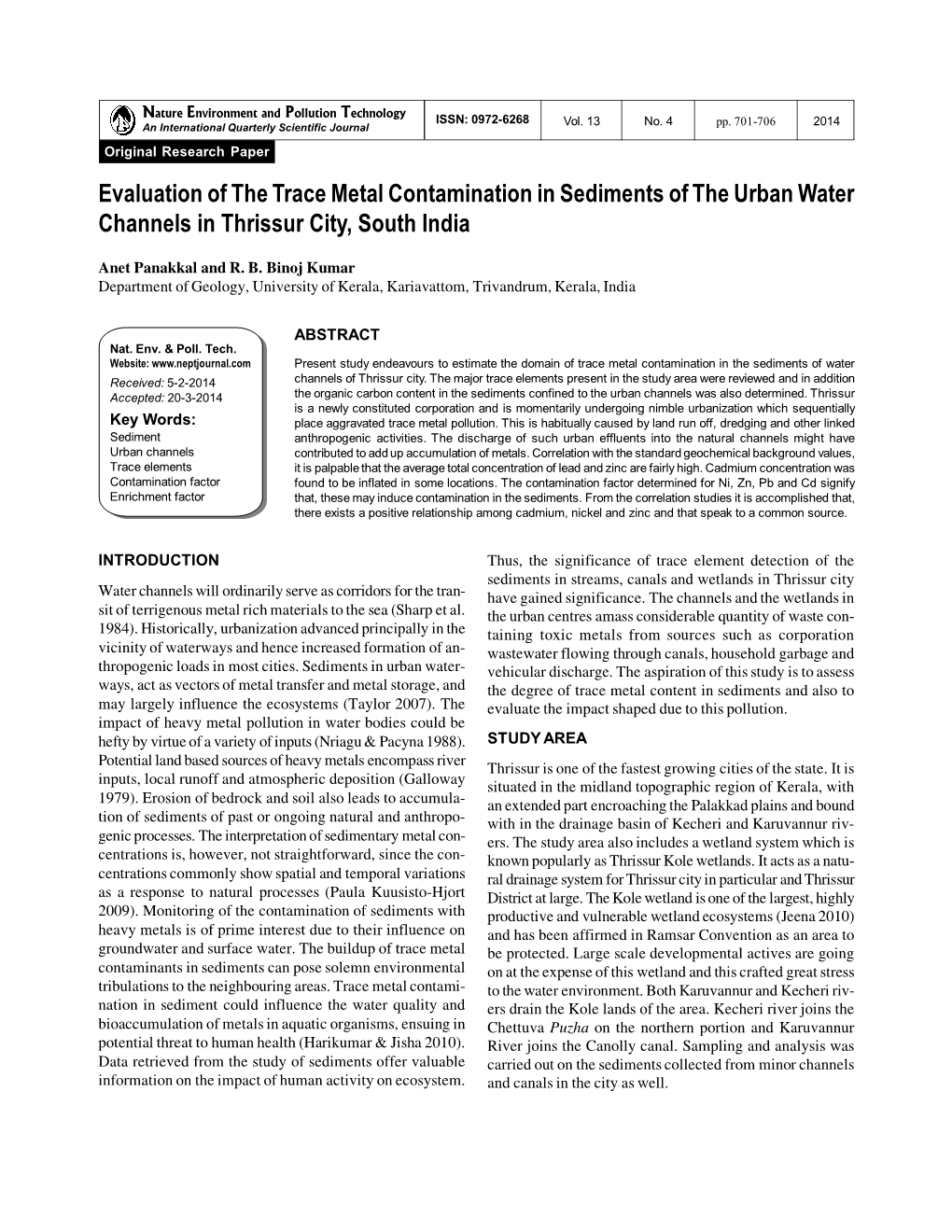 Evaluation of the Trace Metal Contamination in Sediments of the Urban Water Channels in Thrissur City, South India